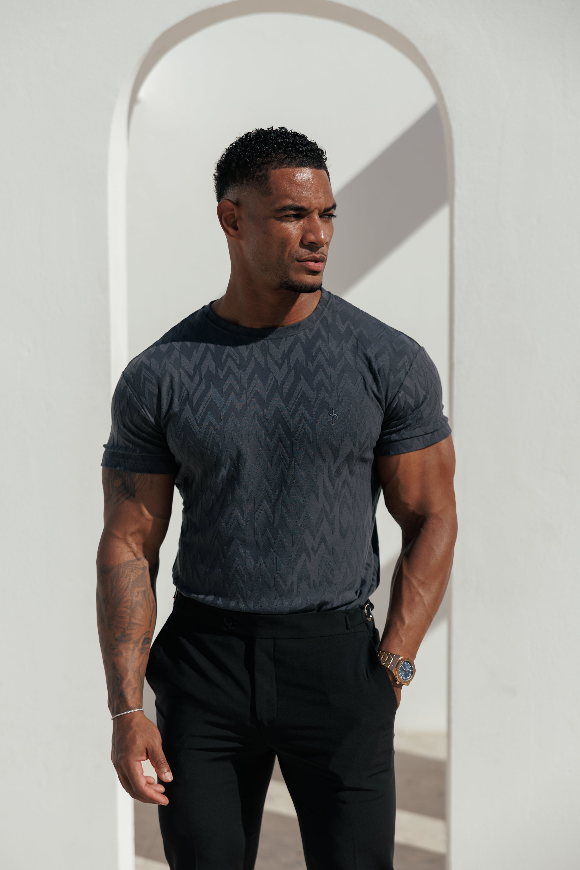 Regular Fit Jacquard Charcoal Chevron T-Shirt - FSR047