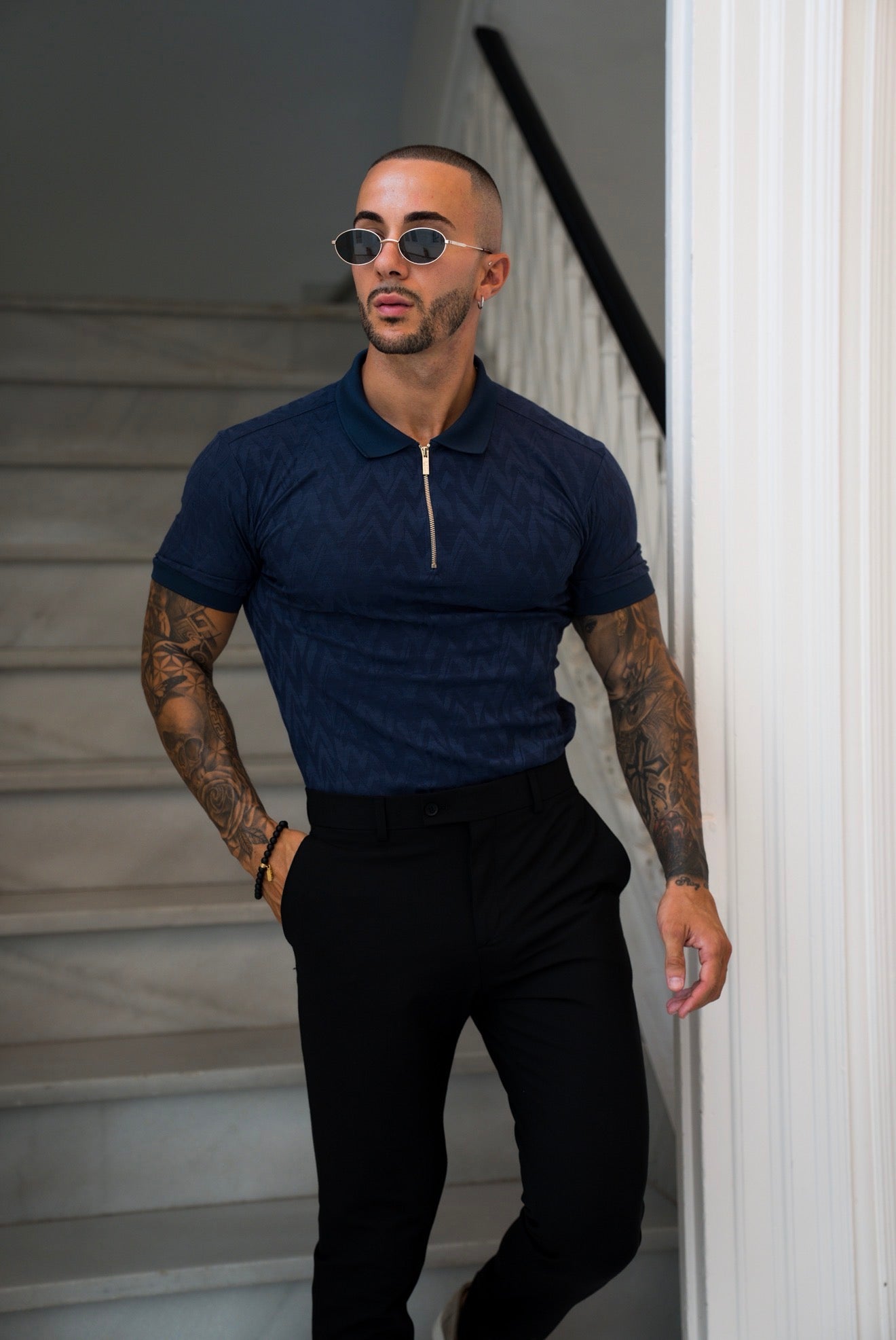 Classic Jacquard Navy Chevron Zipped Polo - FSR021