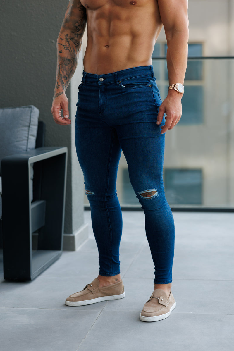 Father Sons Ultra Stretch Mid Blue Slim Jeans with Knee Rips - FSJEAN011