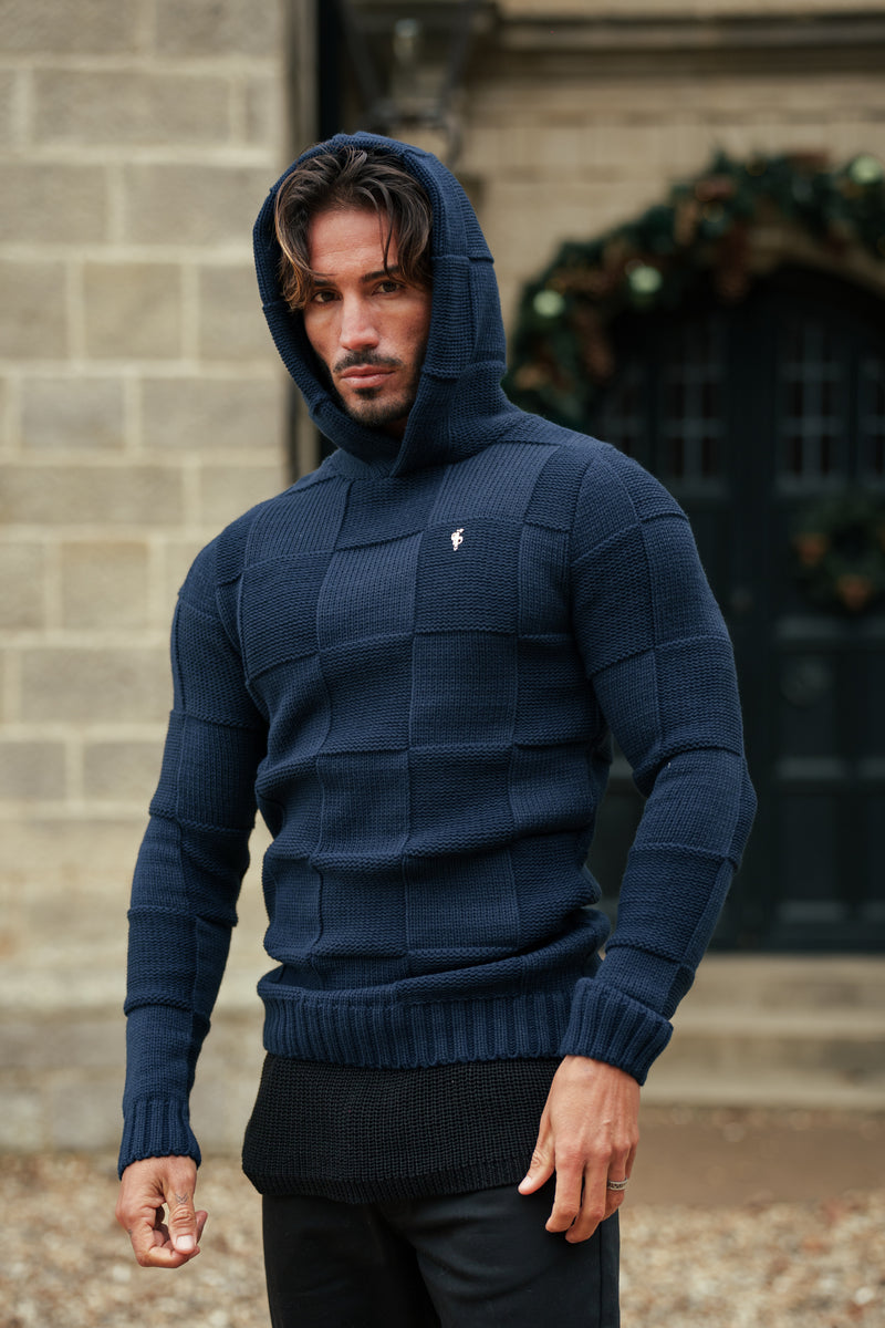 Father Sons Navy Checkerboard Knitted Hoodie - FSJ138 (PRE ORDER 11TH DECEMBER)