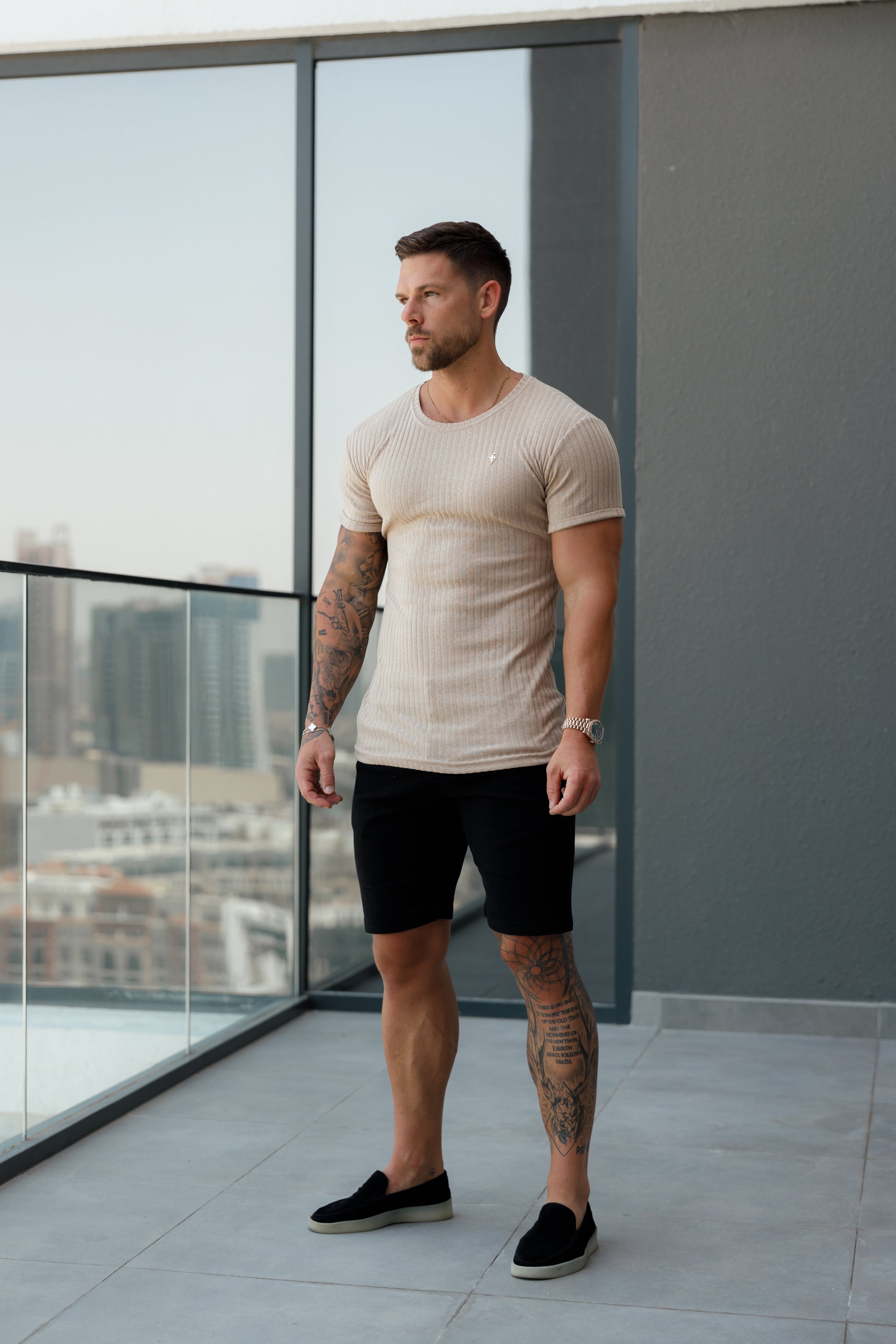 Classic Beige / Gold Ribbed Knit Super Slim Short Sleeve Crew - FSH1088