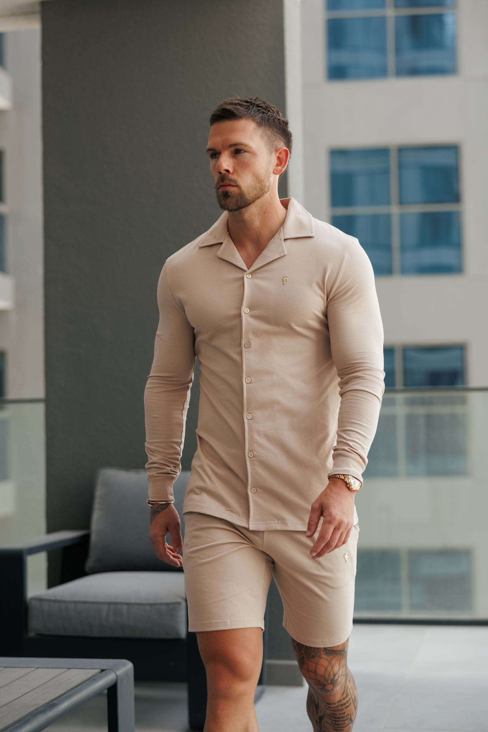 Father Sons Stretch Beige Pique Revere Shirt Long Sleeve