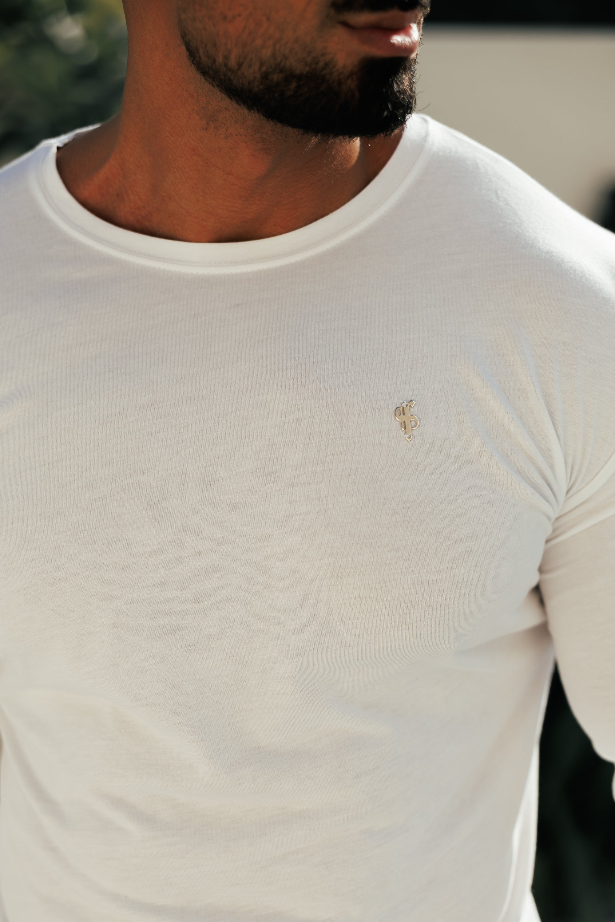 White / Silver Bamboo Crew T-Shirt Long Sleeve - FSH1416