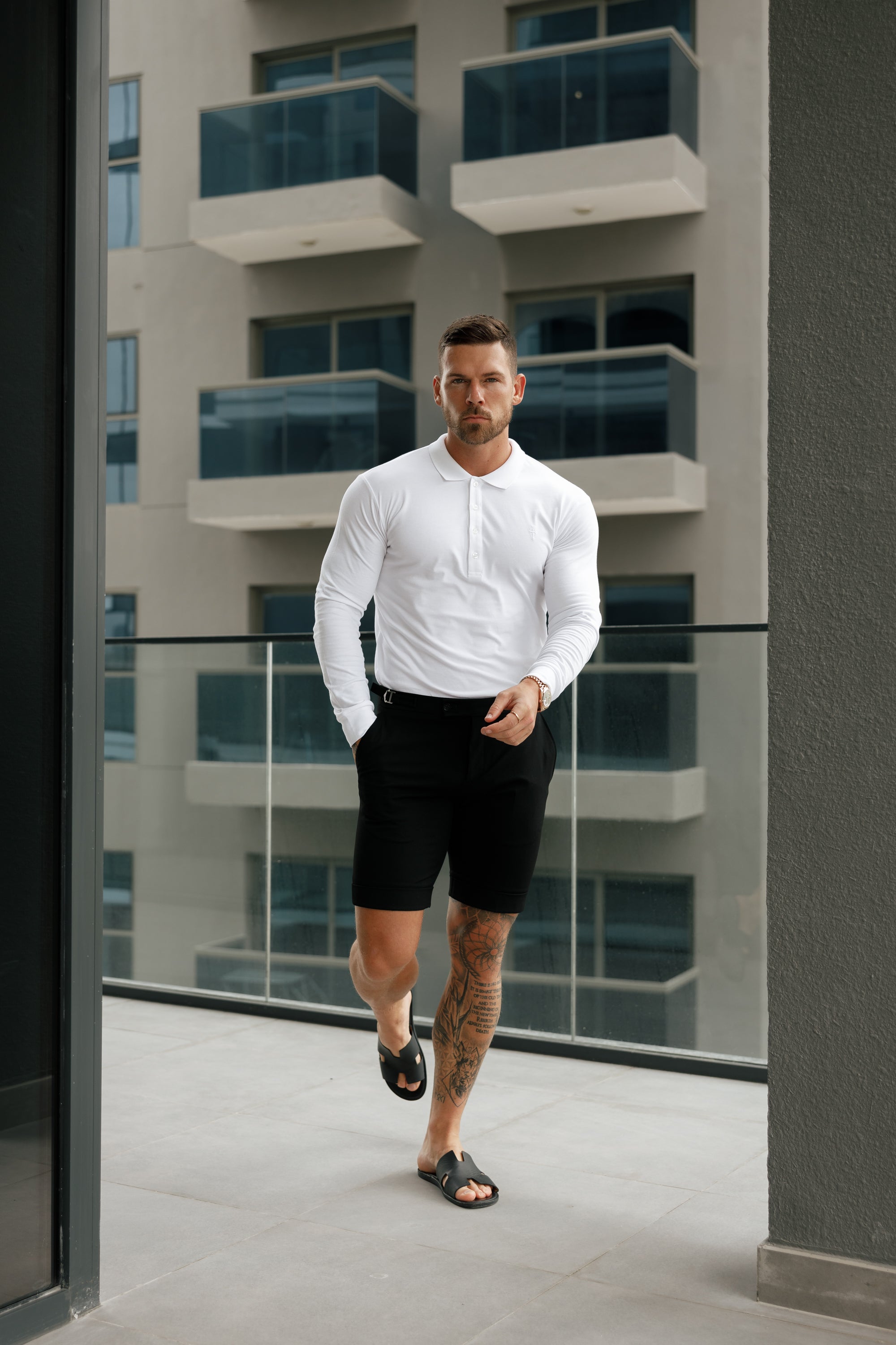 Classic White Tonal  Polo Long Sleeve Shirt - FSH858