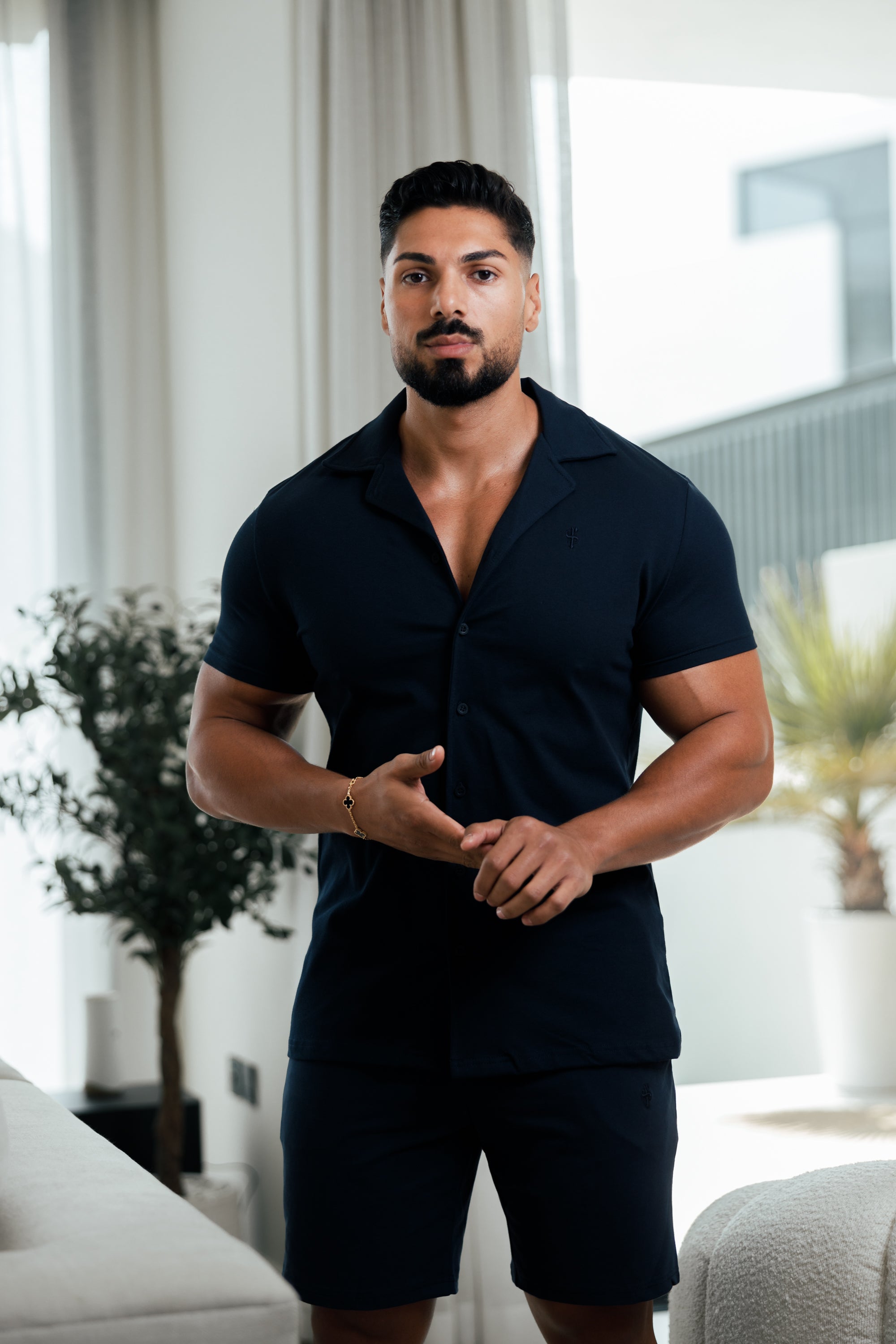 Stretch Navy Pique Revere Shirt Short Sleeve - FSH1069