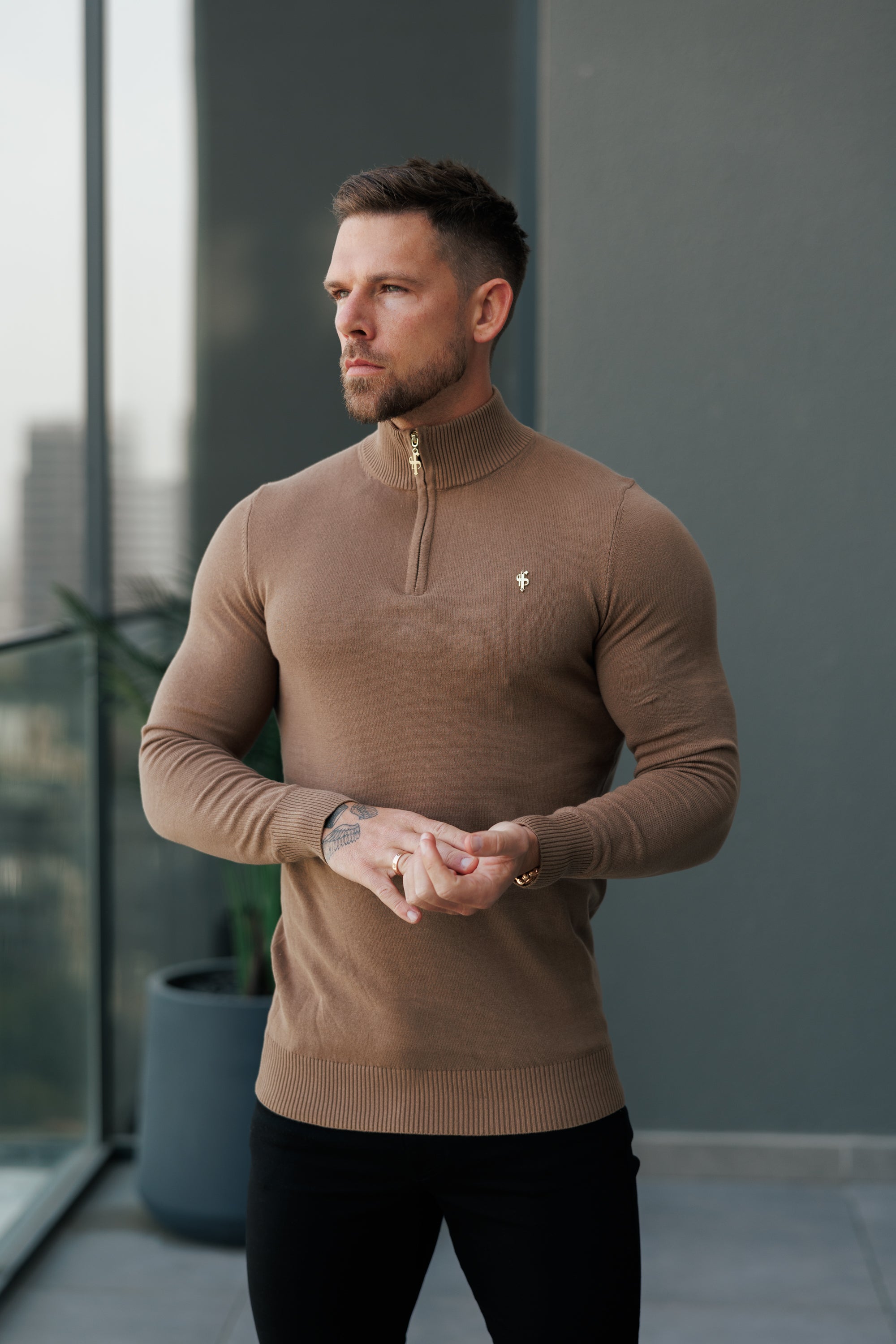 FS Camel Funnel Neck Knitted Jumper With FS Branding -  FSN187