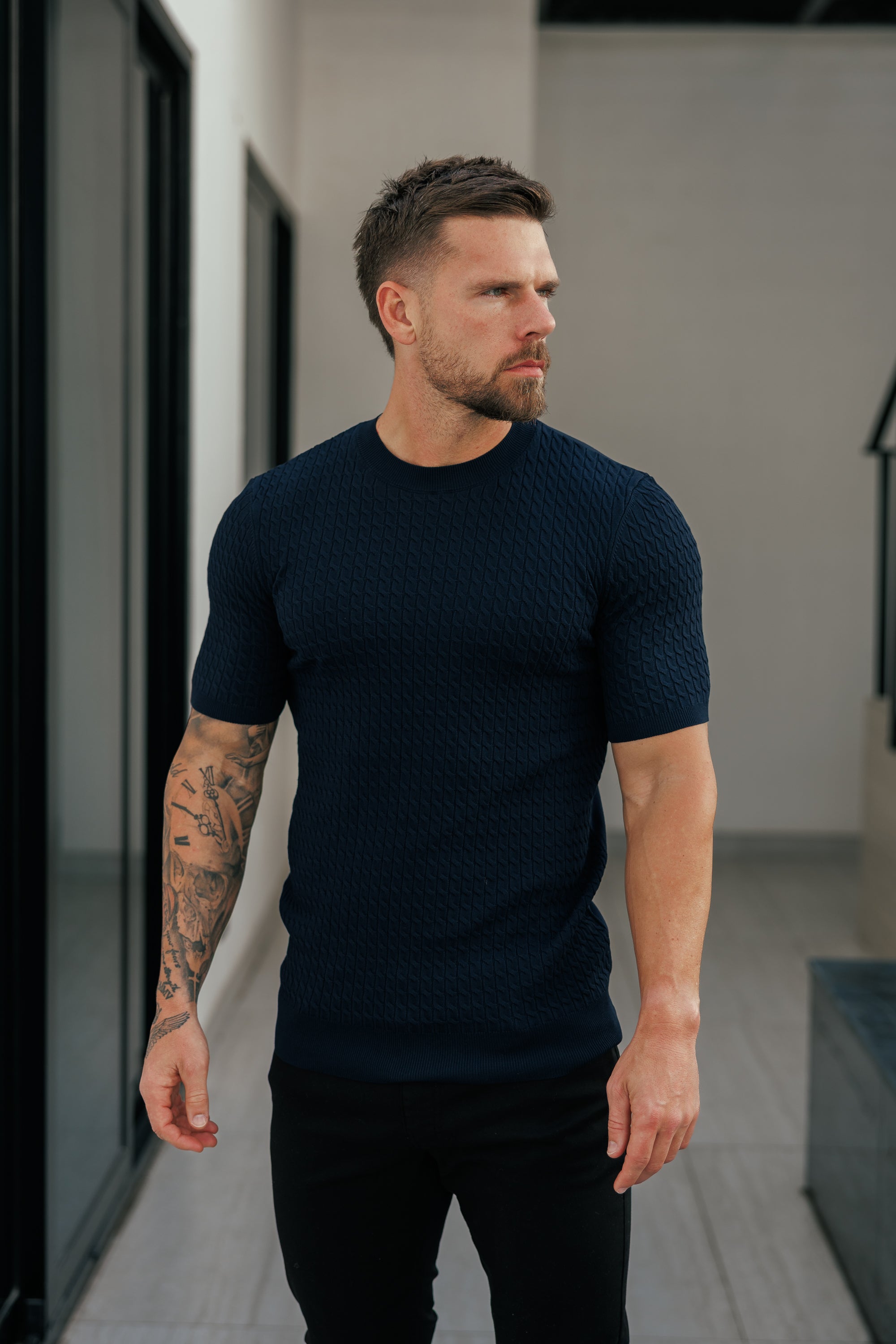 Front Chain Knit Crew Tshirt Navy Short Sleeve  -  FSR054