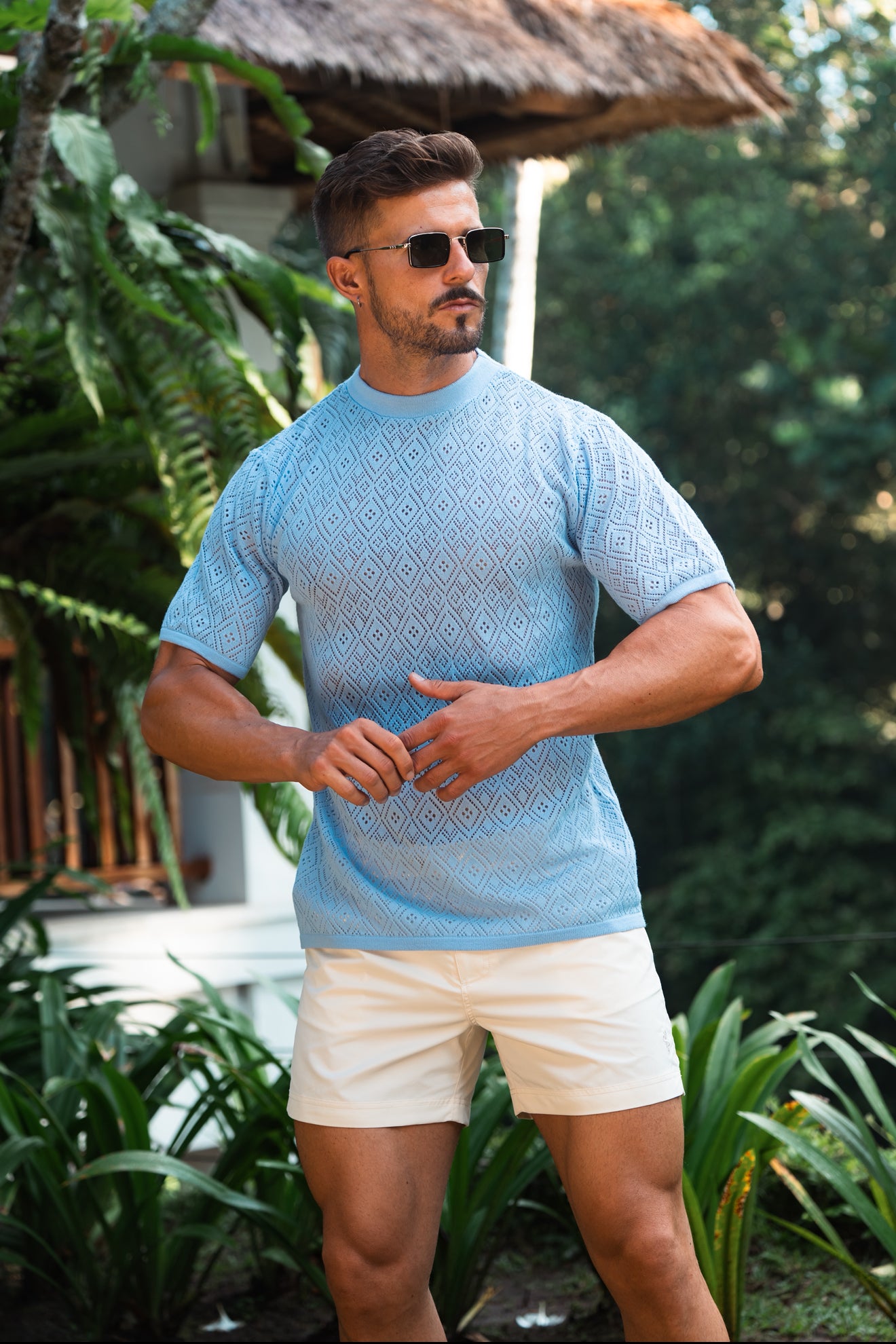 Crochet Crew T-Shirt Blue Short Sleeve - FSJ088