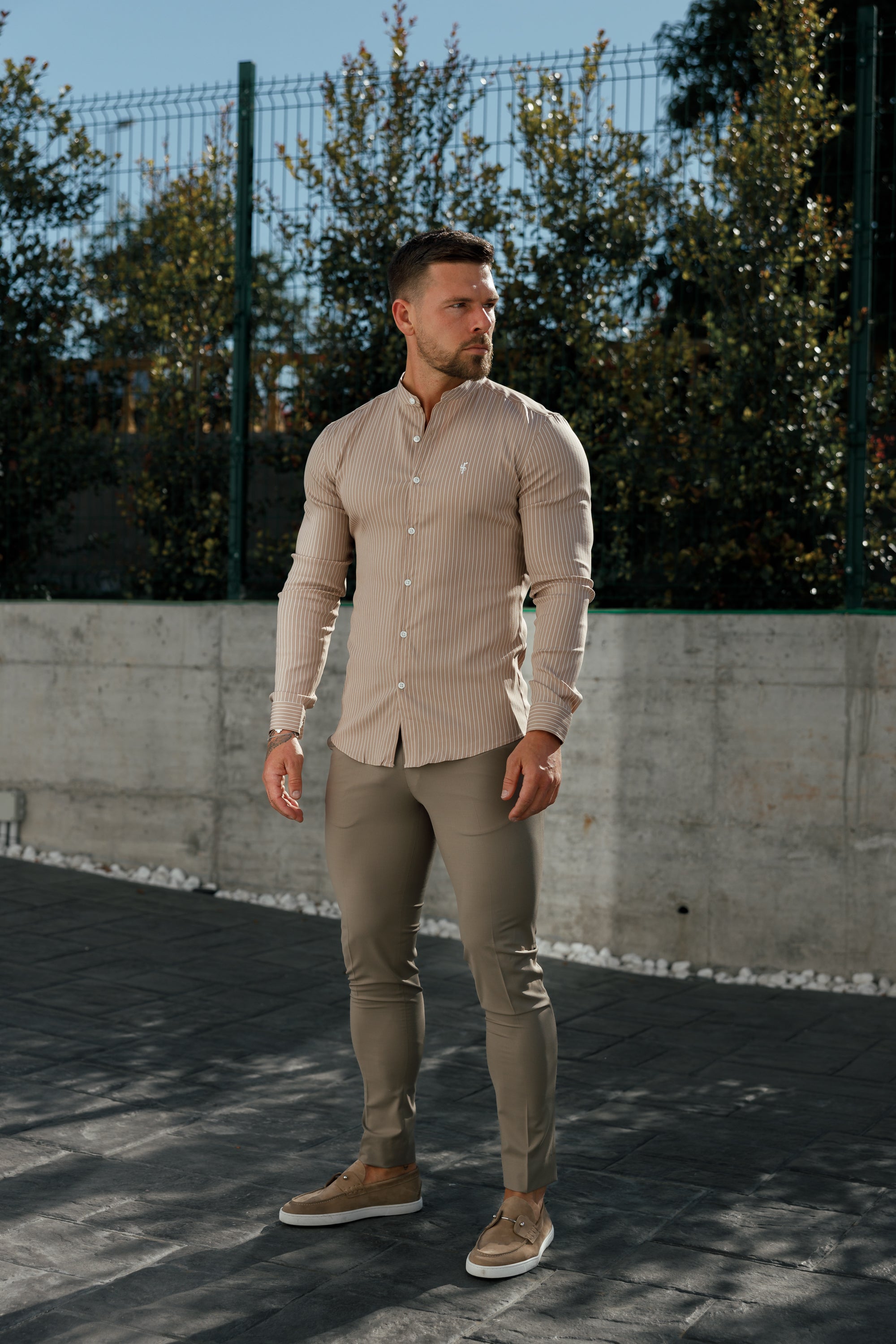 Super Slim Stretch Taupe Printed Pinstripe Long Sleeve with Grandad Collar - FS1057