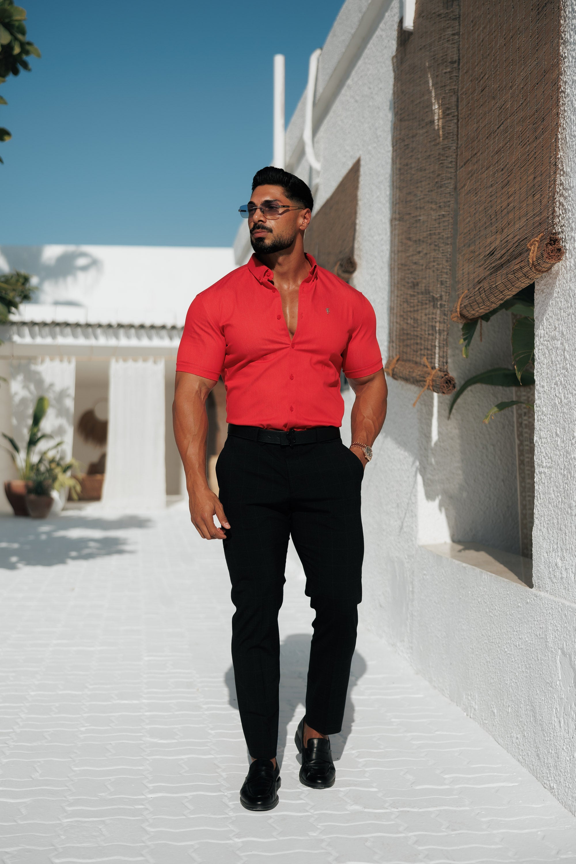 Super Slim Stretch Postbox Red Denim Short Sleeve with Button Down Collar - FS1135