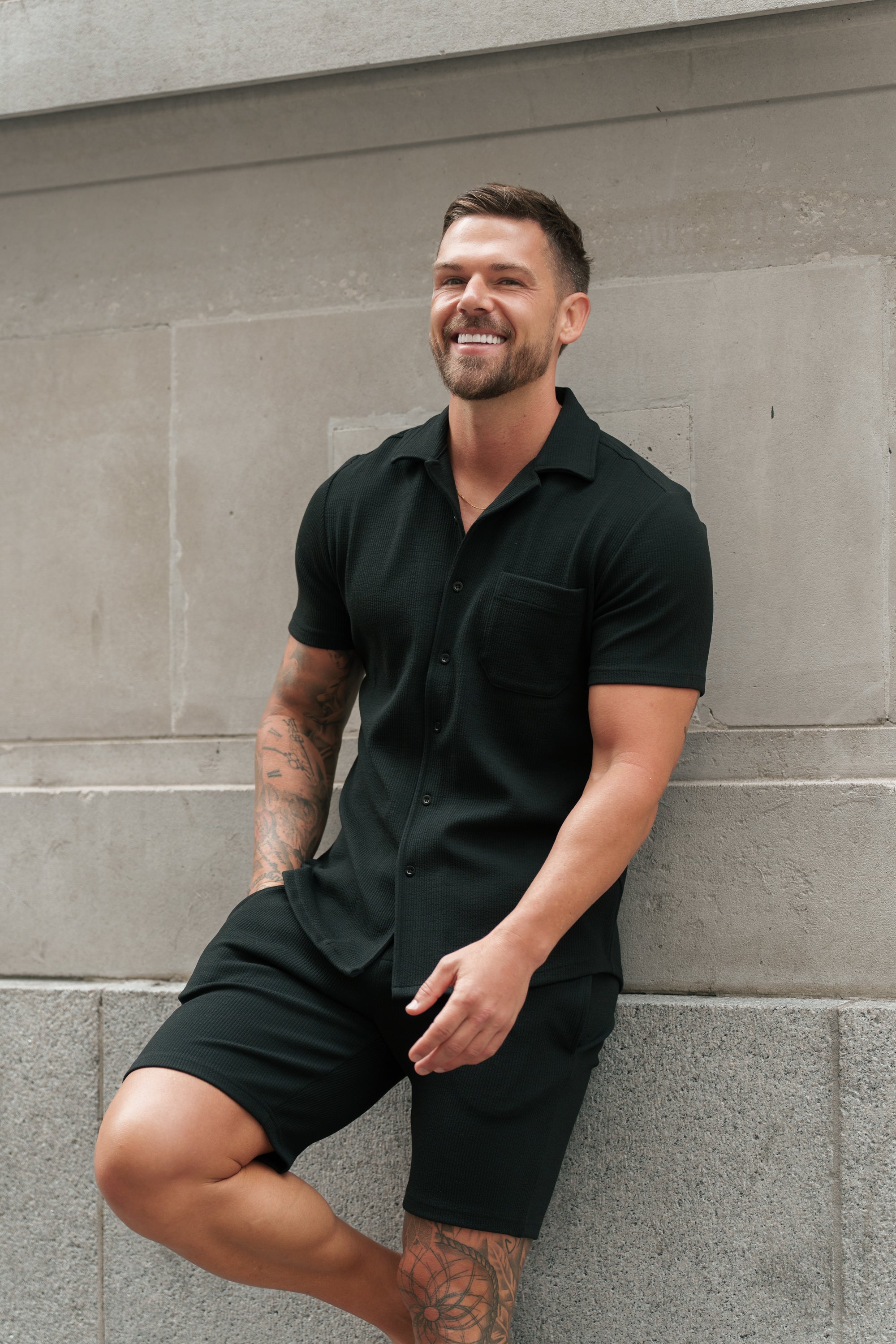 Jersey Cord Stretch Black Revere Shirt Short Sleeve - FSR018