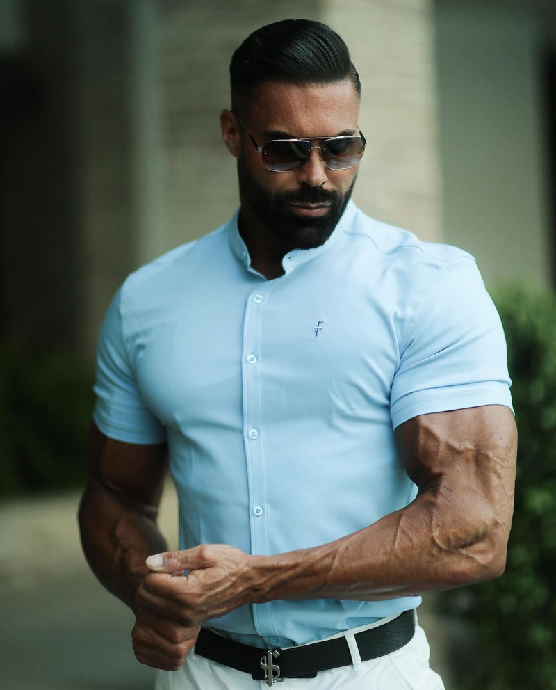 Father Sons Super Slim Scuba Light Blue Short Sleeve Stretch With Grandad Collar Shirt - FS1003