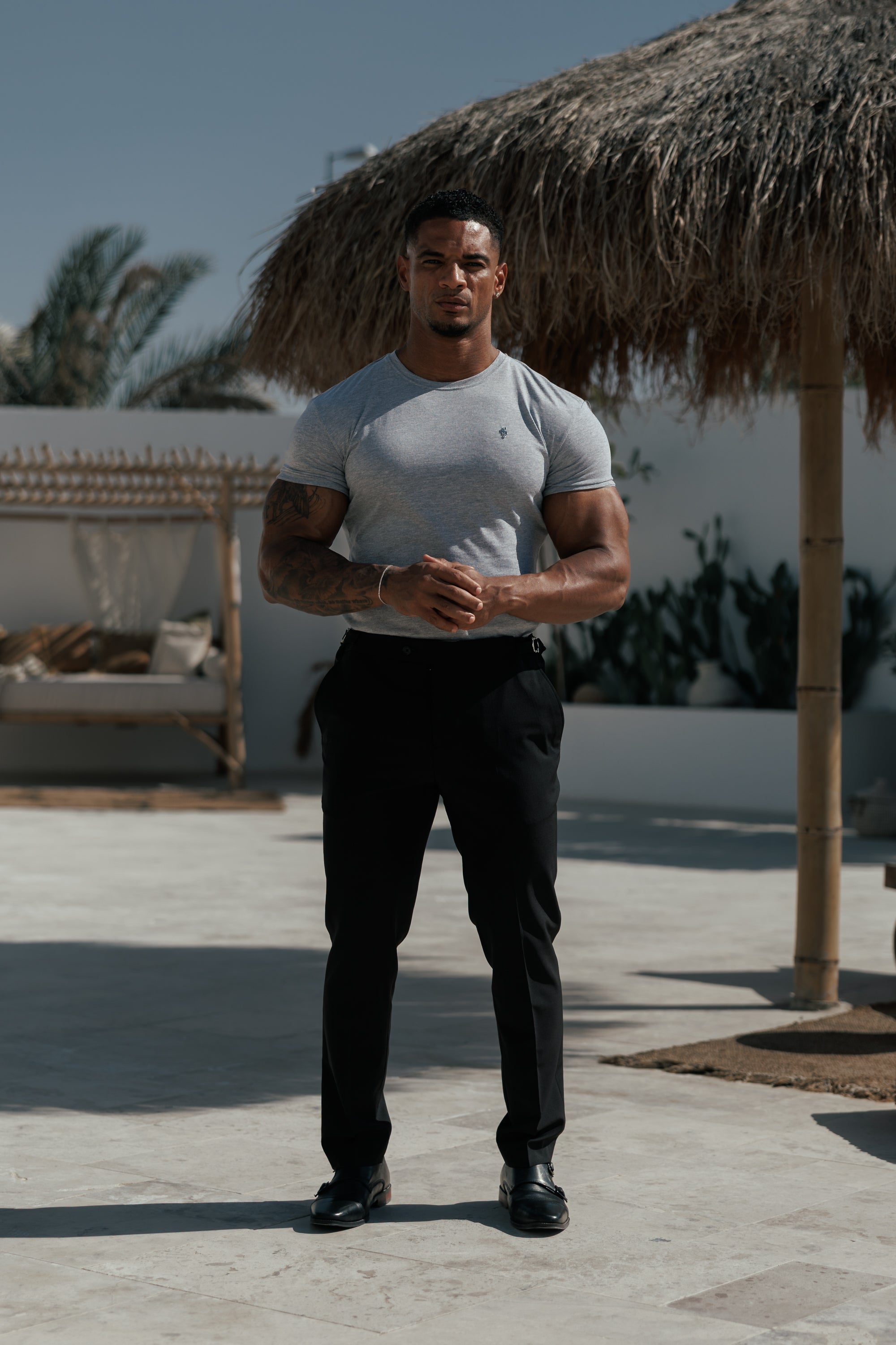 Light Grey Crew Neck Tshirt with Silver Metal Emblem Decal - FSH1452