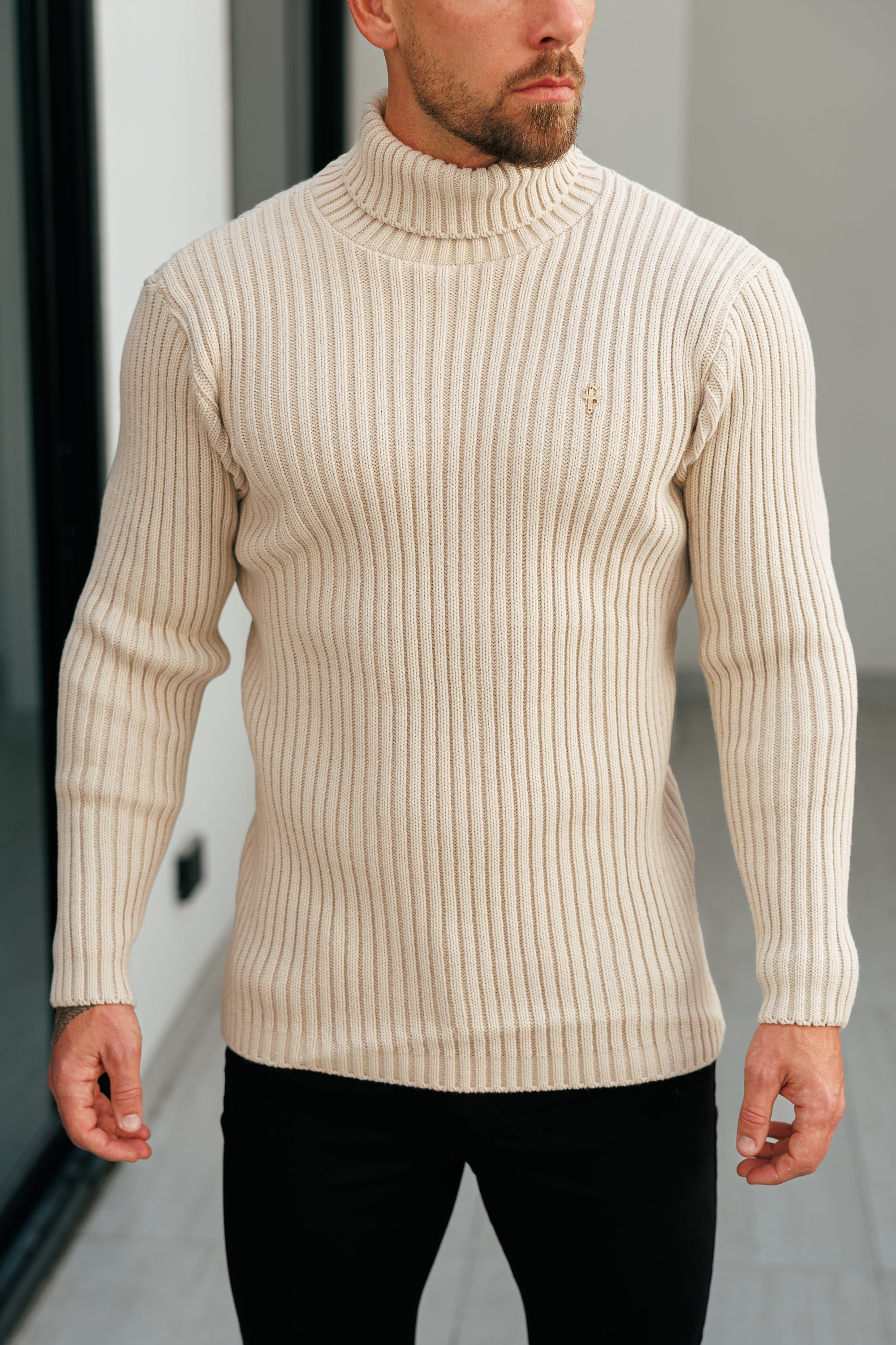 Ribbed Knit Beige Roll Neck Jumper - FSJ112