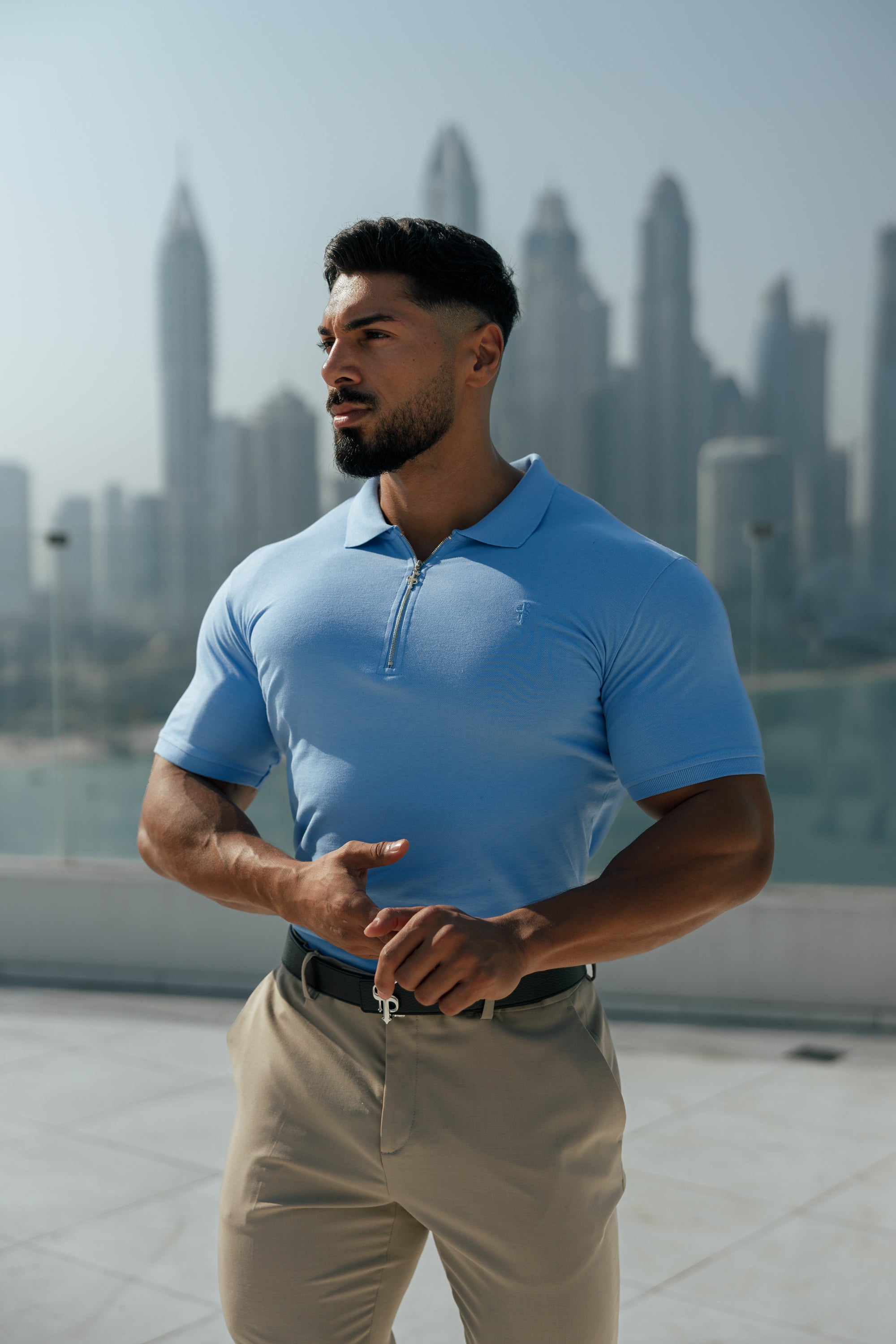 Classic Light Blue and Silver Zipped Polo Shirt - FSH856