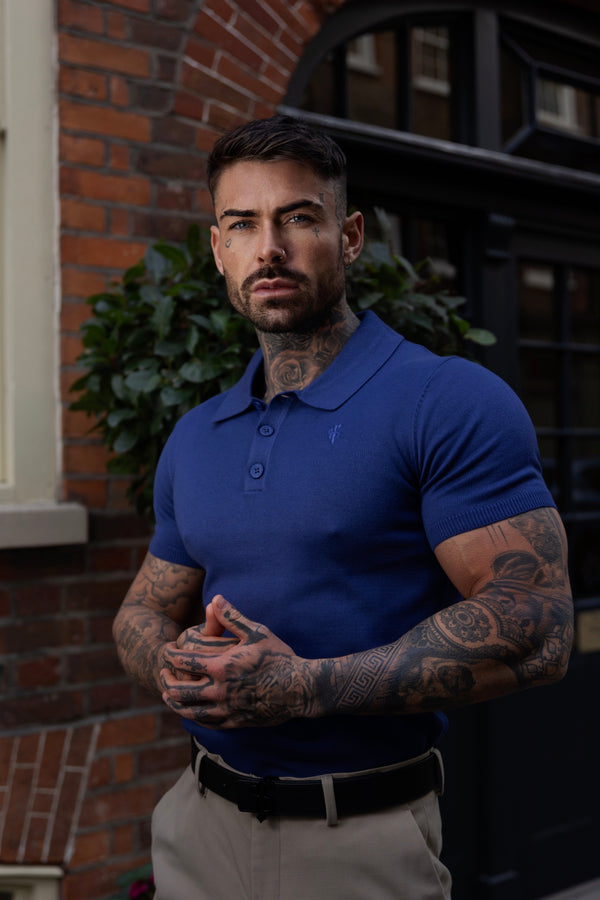Father Sons Classic Ocean Blue Knitted Polo Sweater Short Sleeve With Tonal FS Embroidery- FSN144