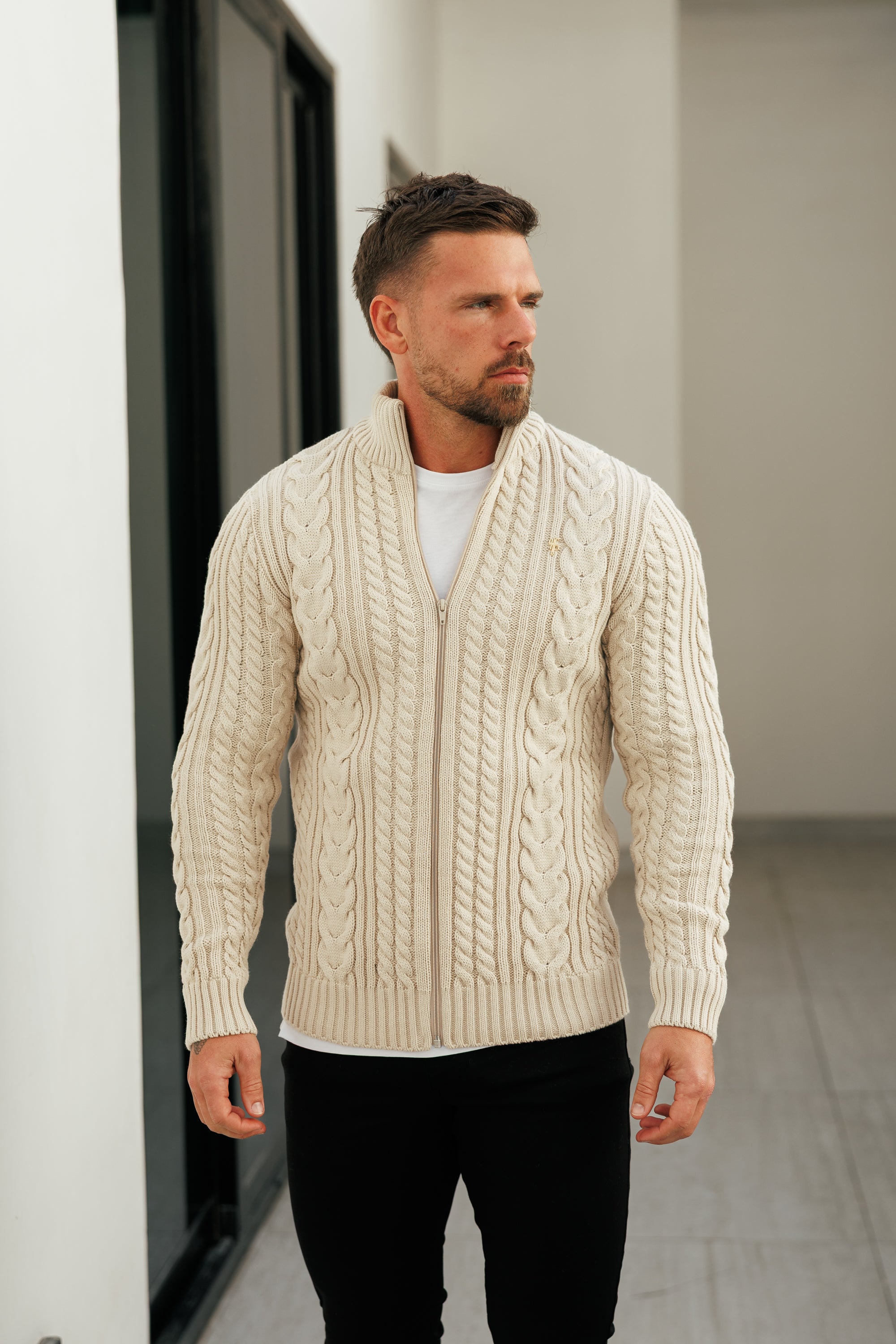 Chunky Zipped Cardigan Beige -  FSJ150