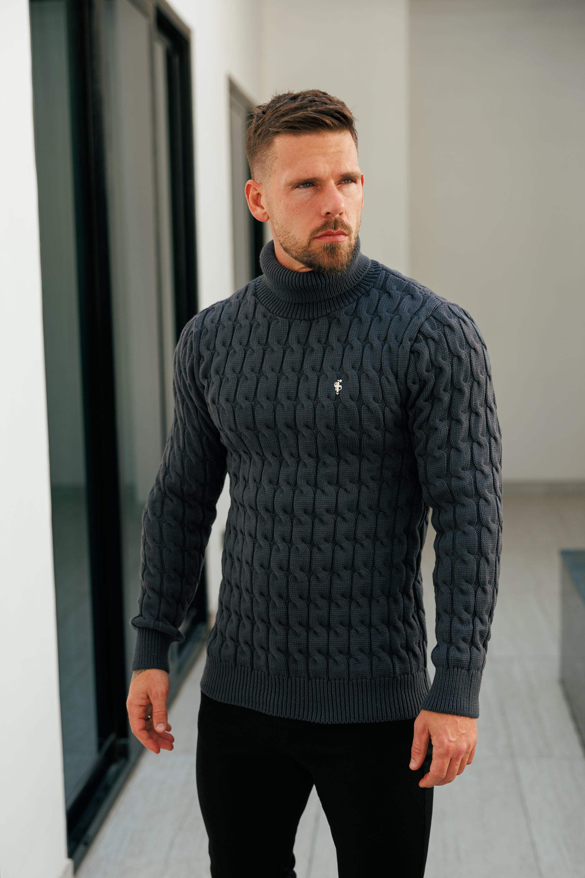 Link Weave Knit Charcoal Roll Neck Jumper - FSJ105