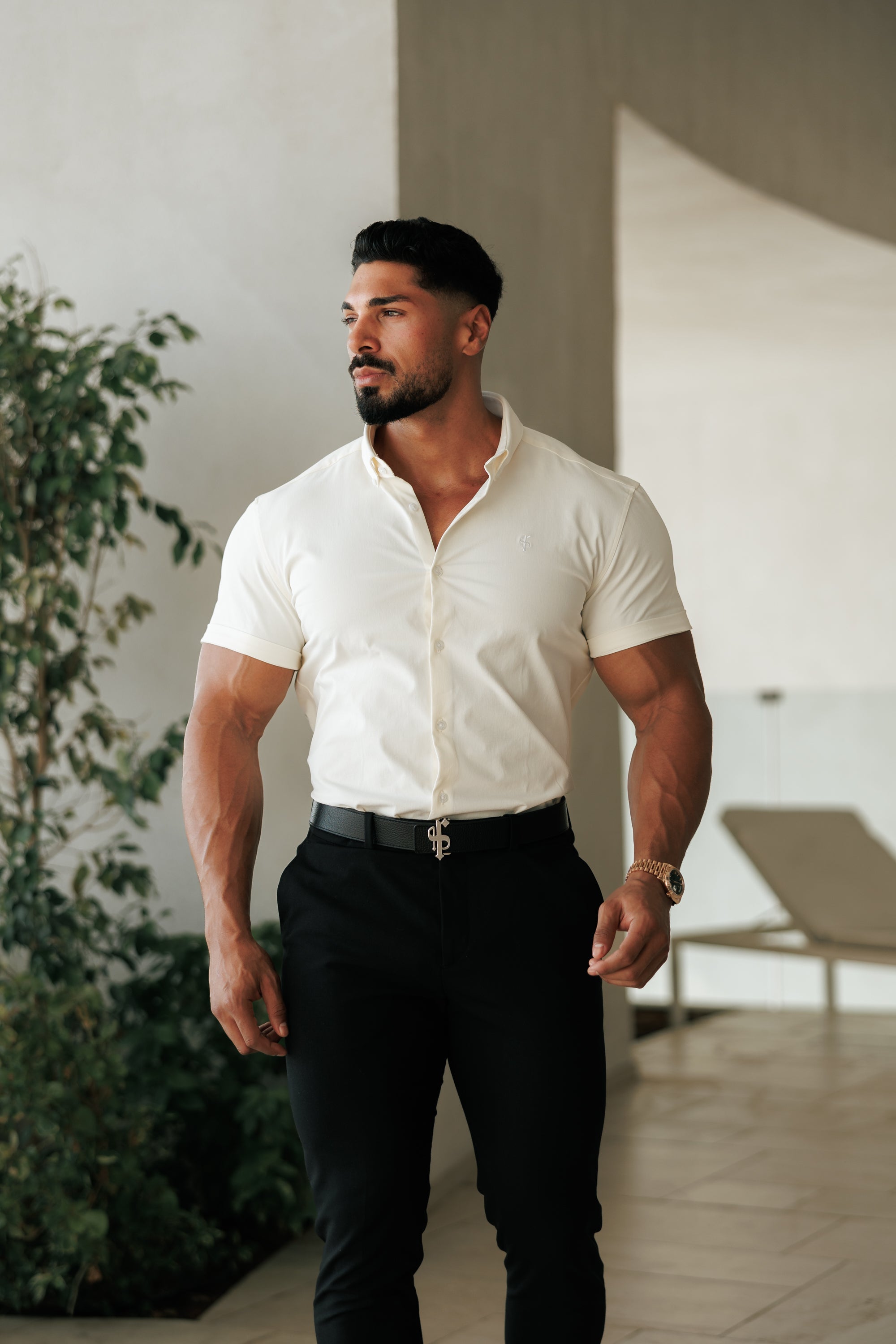 Super Slim Cream SS With Button Down Collar Short Sleeve - FS1099