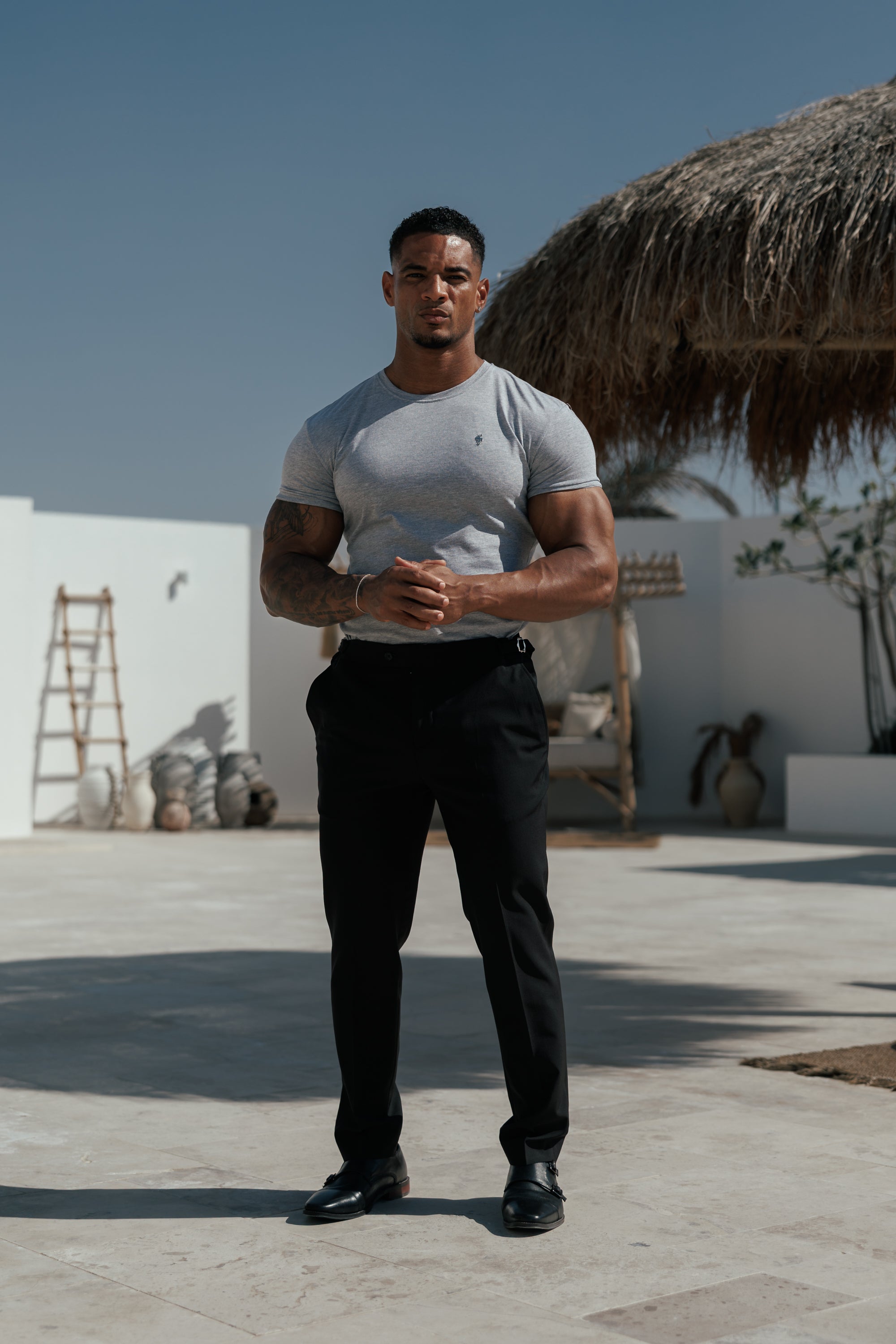 Light Grey Crew Neck Tshirt with Silver Metal Emblem Decal - FSH1452