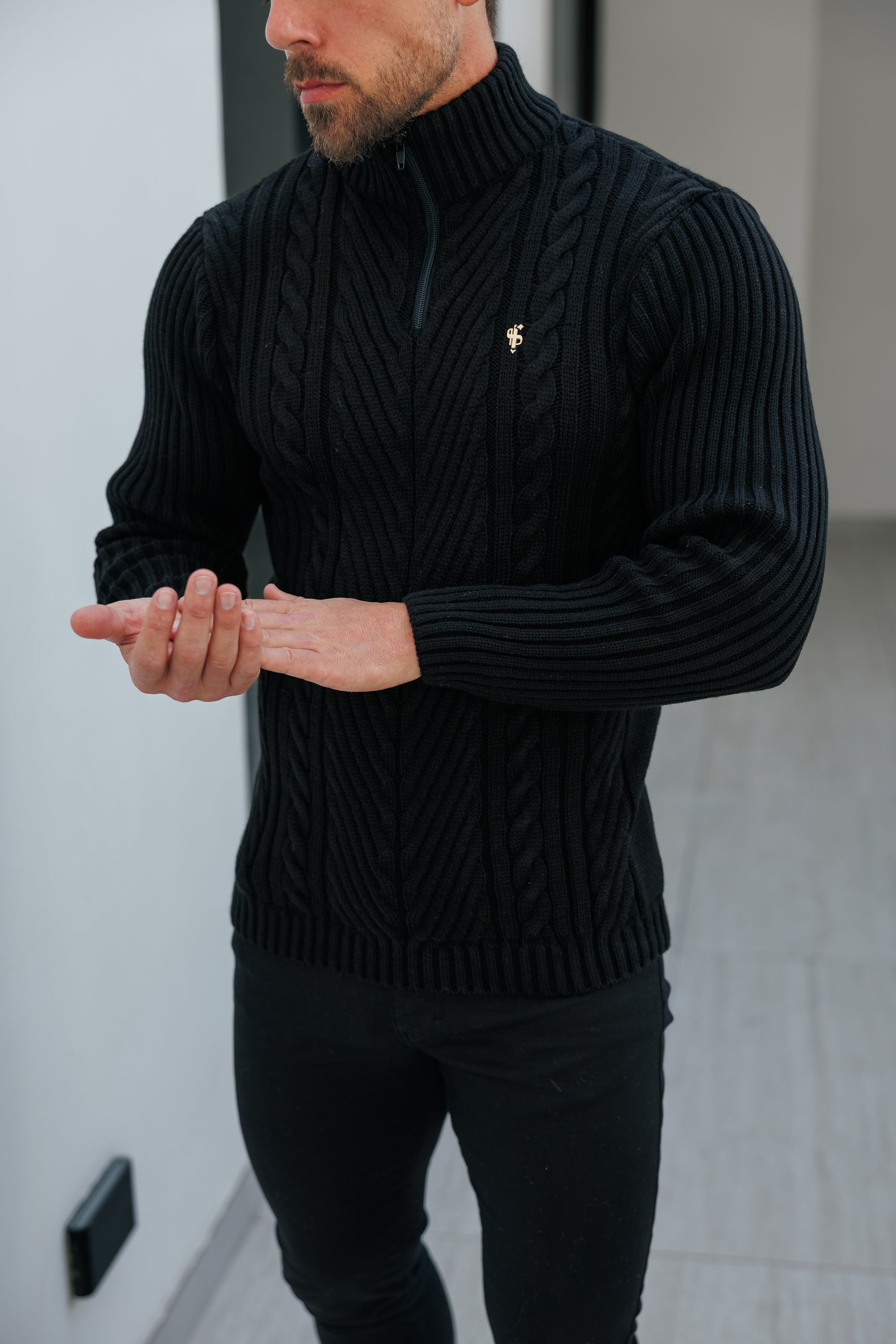 Funnel Neck Jumper with Quarter Zip Black -  FSJ155