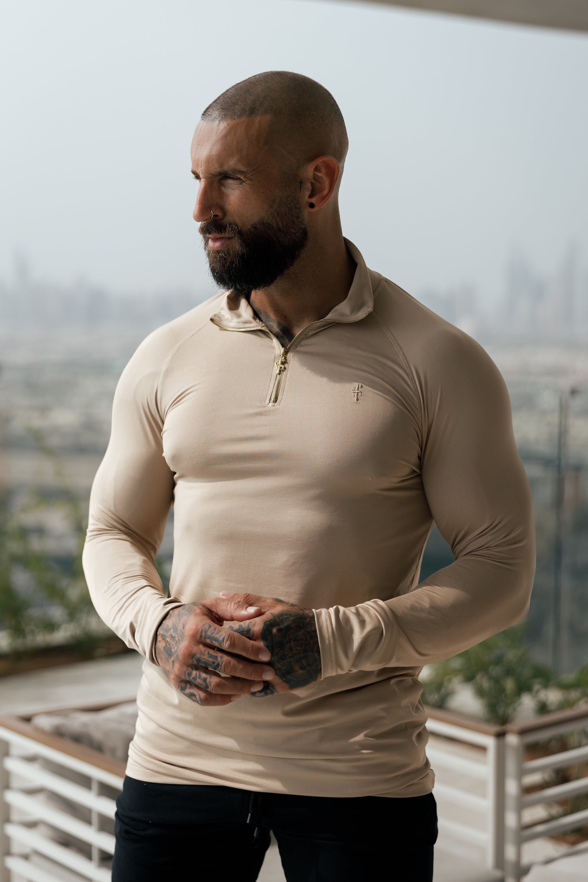 Long Sleeve Beige / Gold Half Zip Gym Top - FSH892