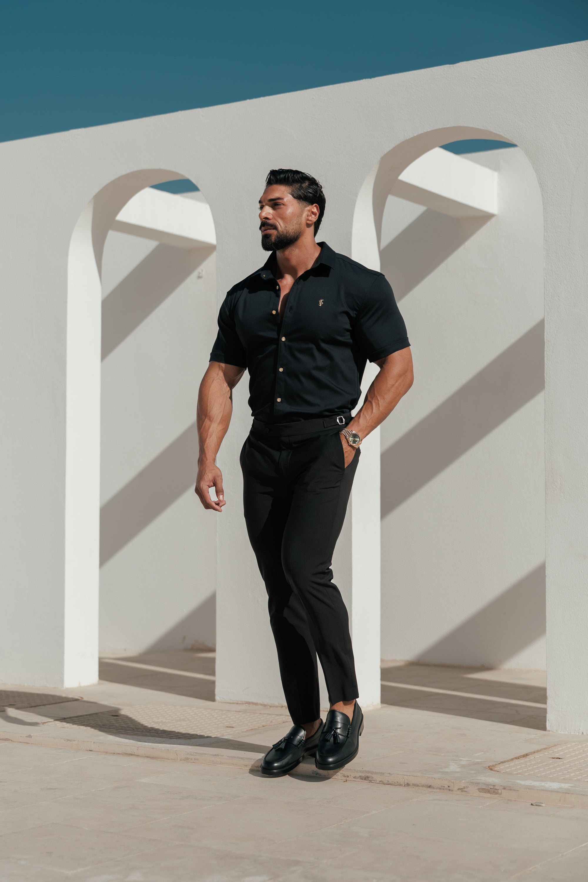 Slim Formal Black Stretch Trousers With Gold Waist Adjusters - FST041