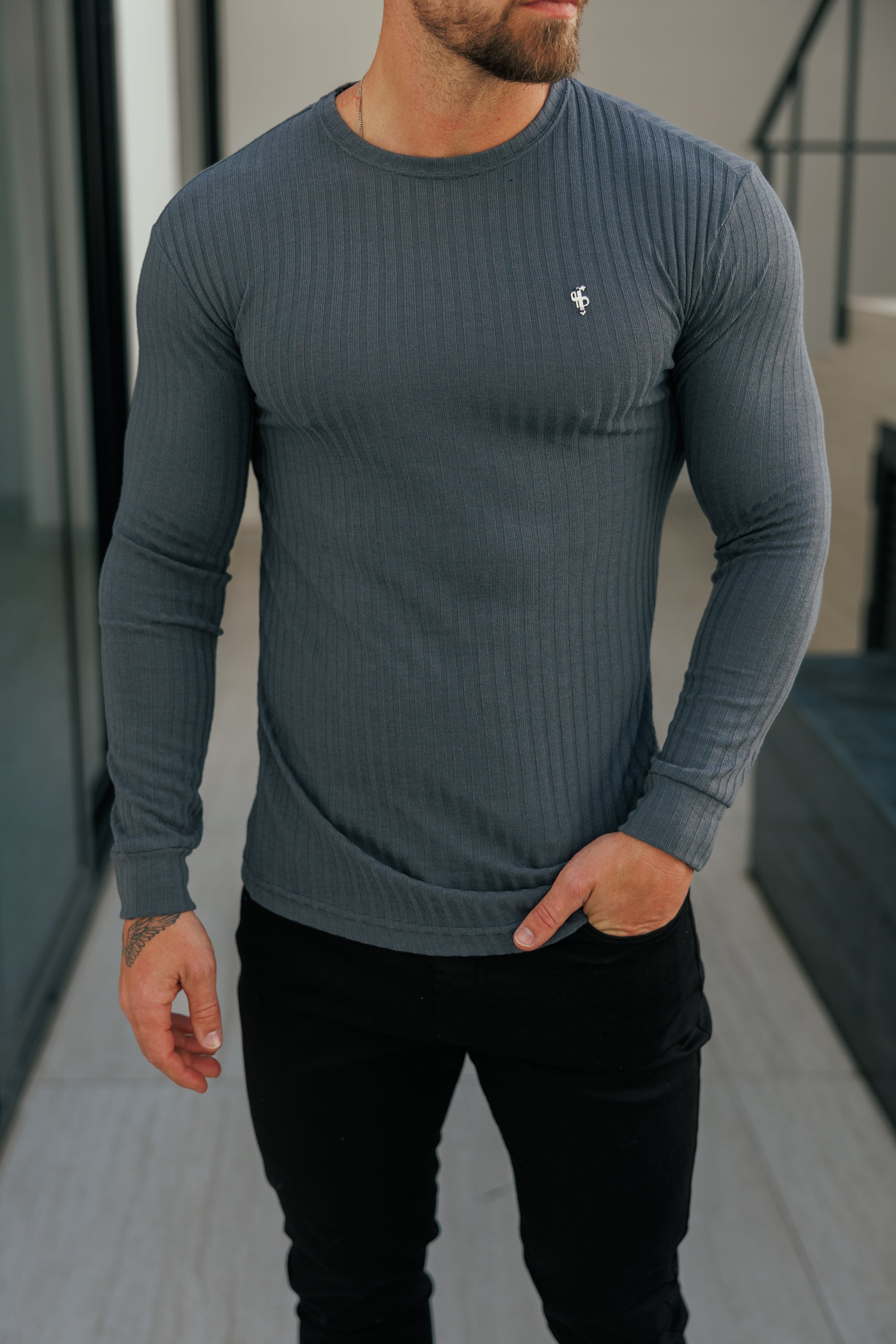 Father Sons Classic Charcoal Ribbed Knit Sweater With Silver Metal Emblem - FSH947