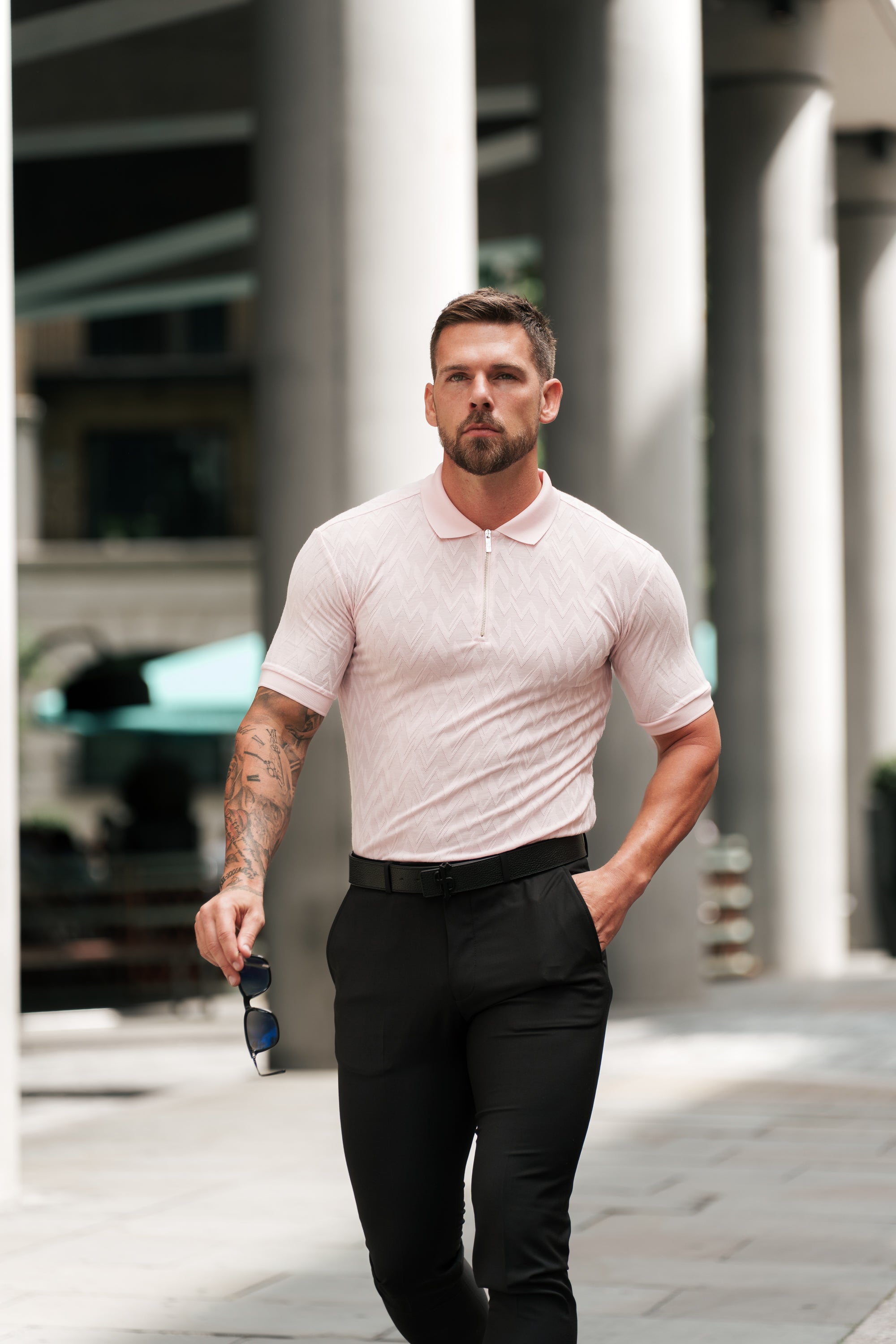 Classic Jacquard Pink Chevron Zipped Polo - FSR022