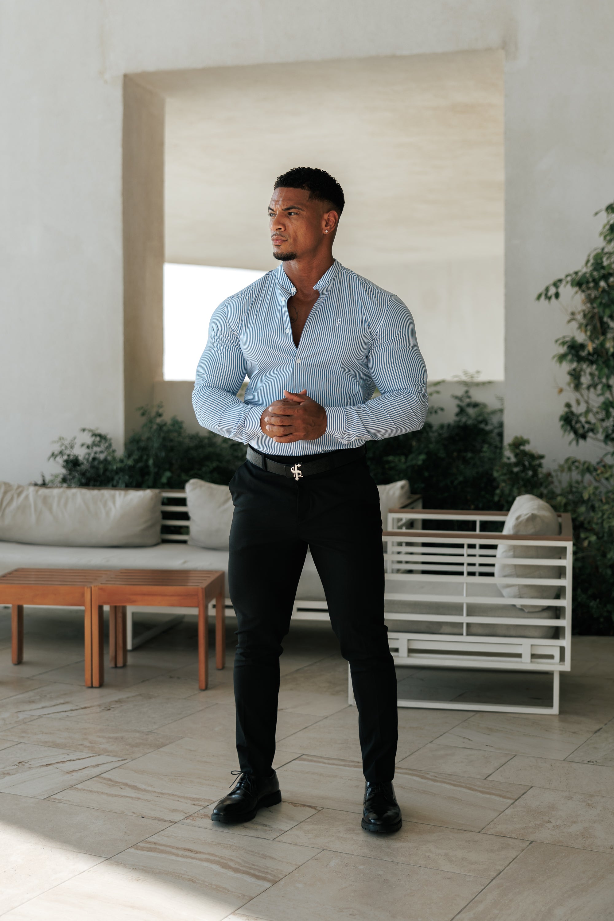 Super Slim Stretch LS Navy & White Stripe with Grandad Collar -  FS1113