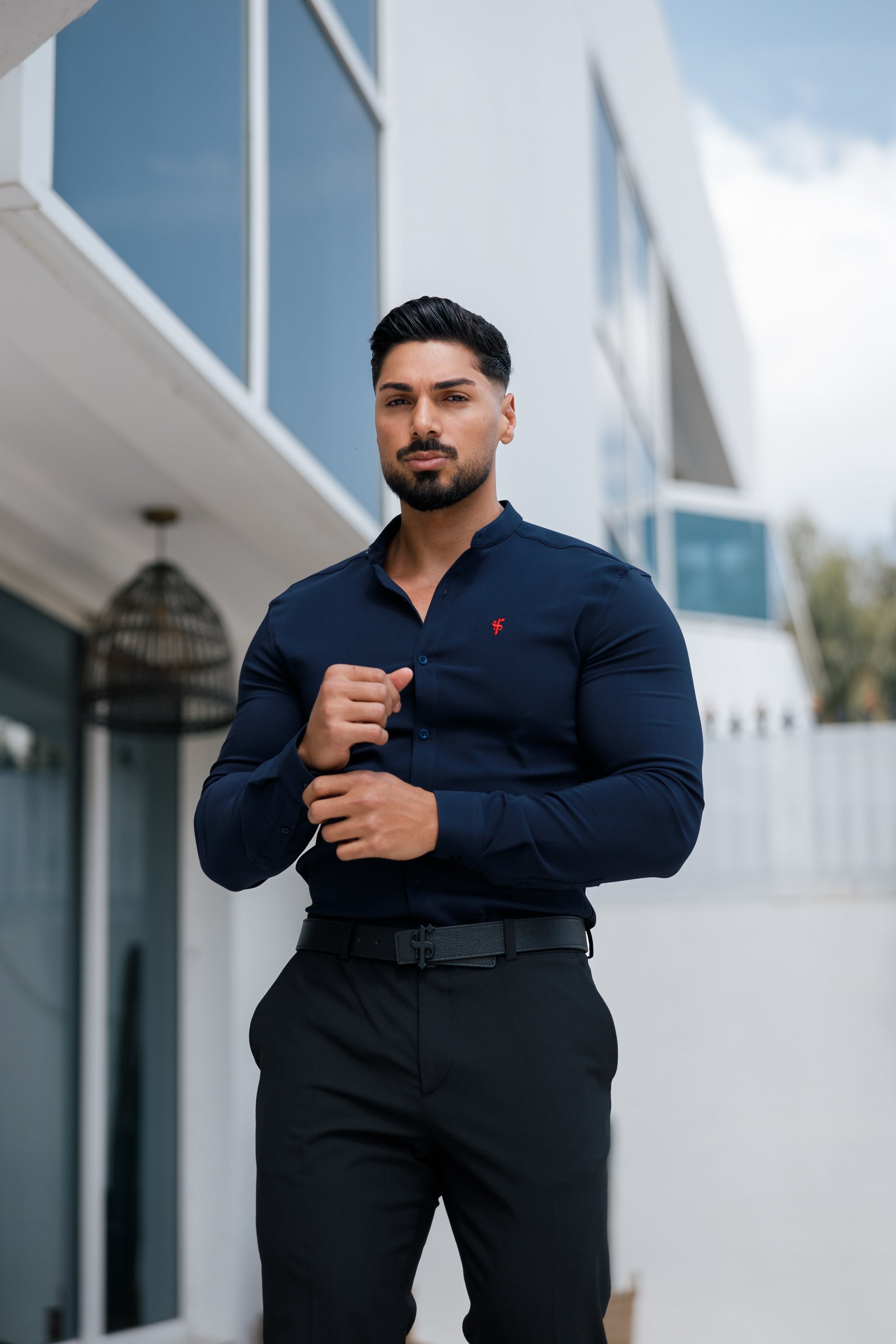 Super Slim Scuba Navy / Red Long Sleeve Stretch with Grandad Collar - FS1000