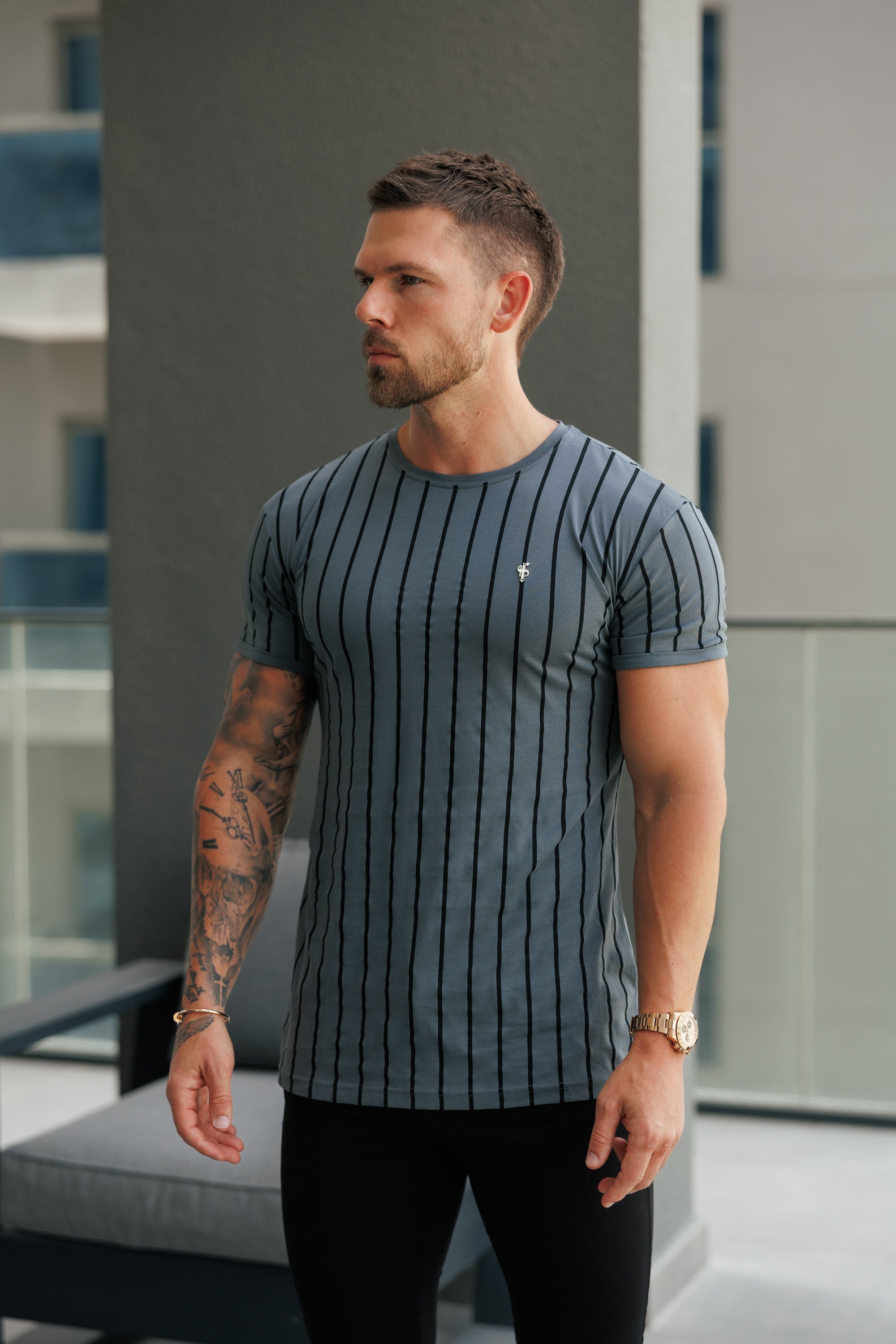 Printed Charcoal / Black Stripe Fitted T Shirt - FSH1375