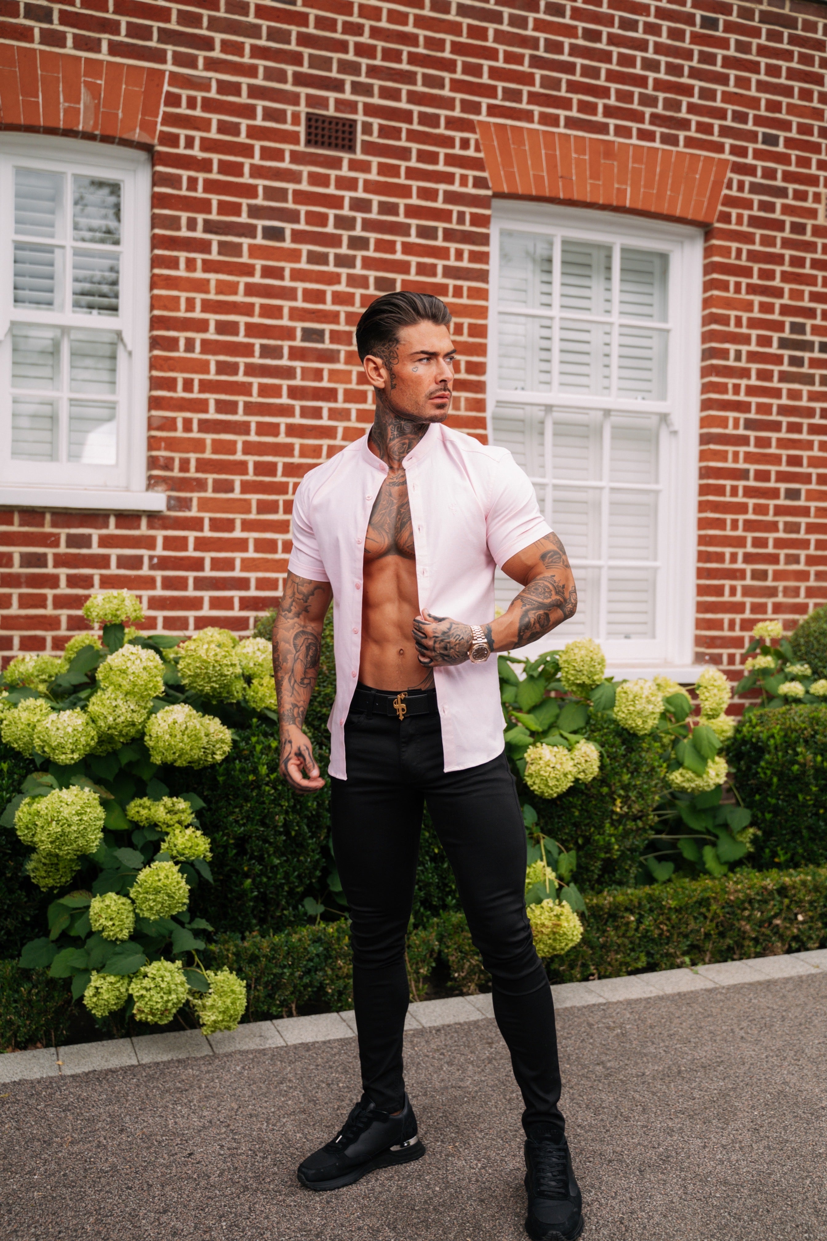 Super Slim Stretch Classic Oxford Pink Grandad Collar Short Sleeve - FS953