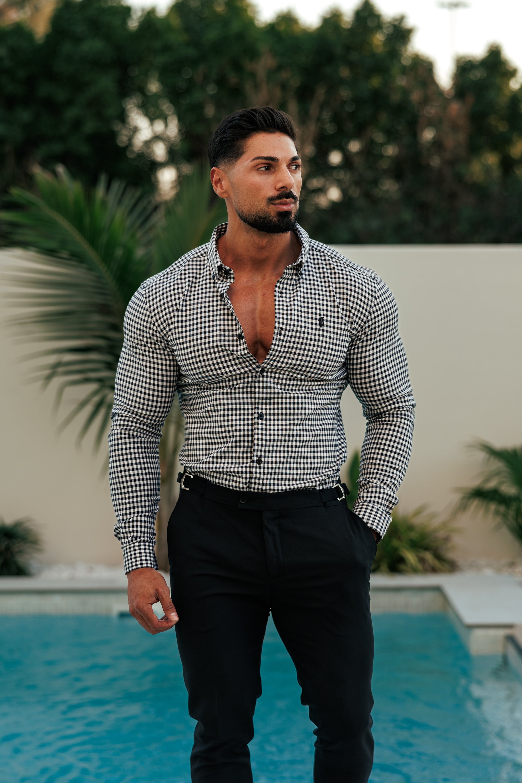 Super Slim Stretch White / Black Check Long Sleeve with Button Down Collar - FS1069