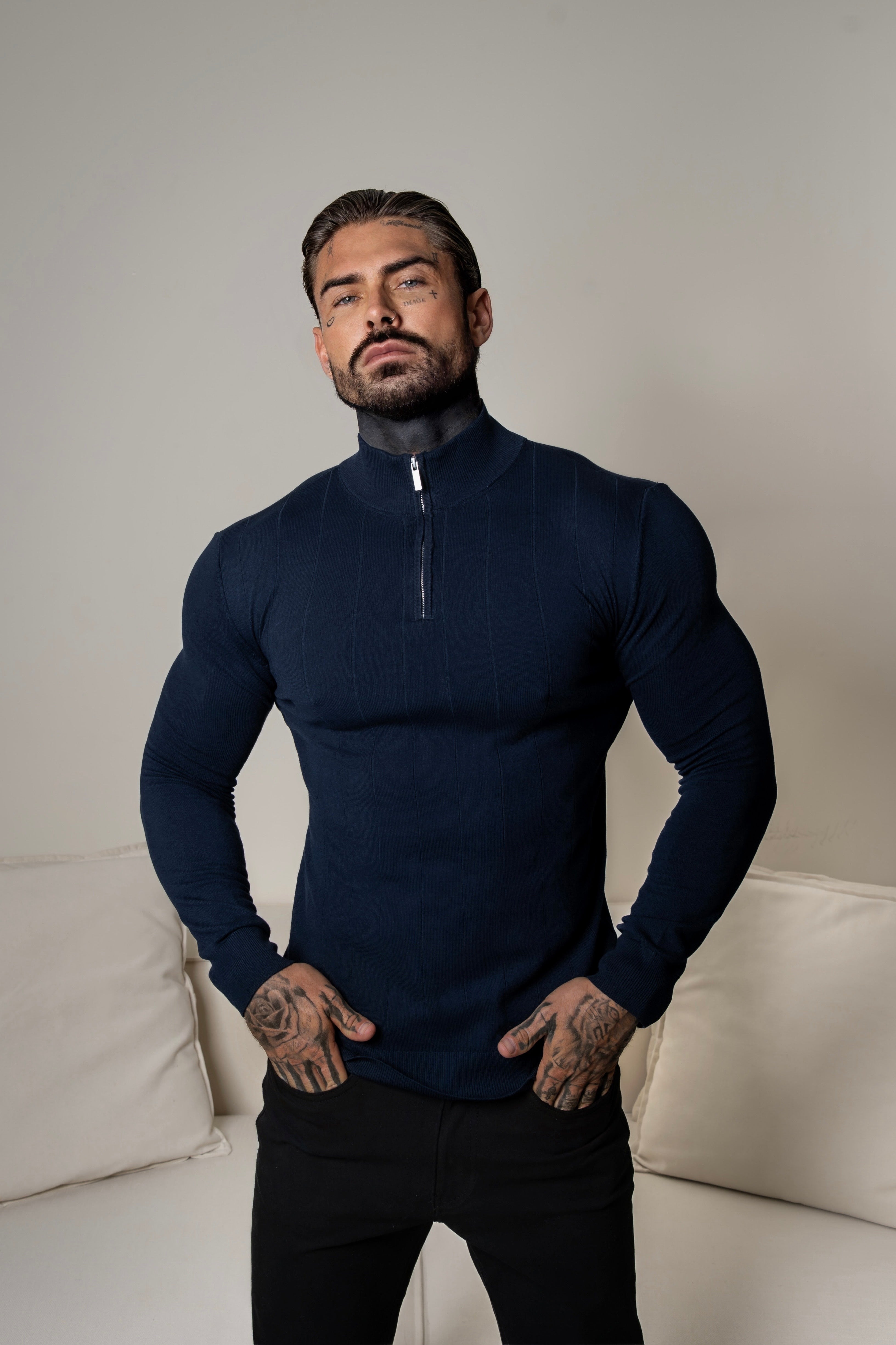 Self Stripe 1/4 Zip Funnel Neck Knit Jumper Navy Long Sleeve  -  FSR049