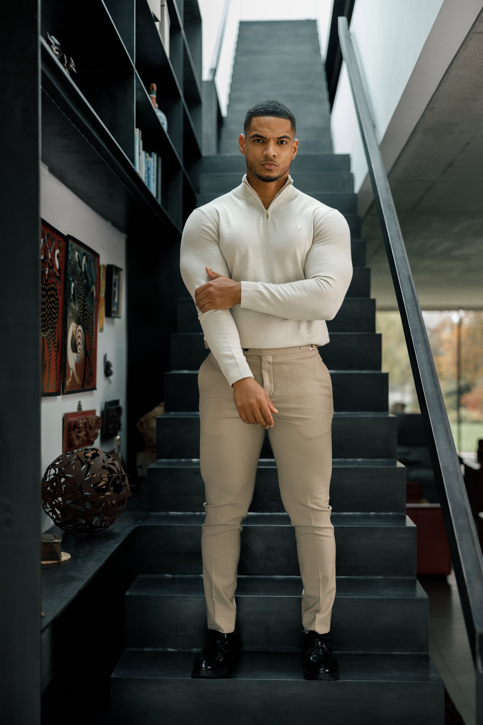 Father Sons Slim Formal Beige Stretch Pants With Gold Waist Adjusters - FST017
