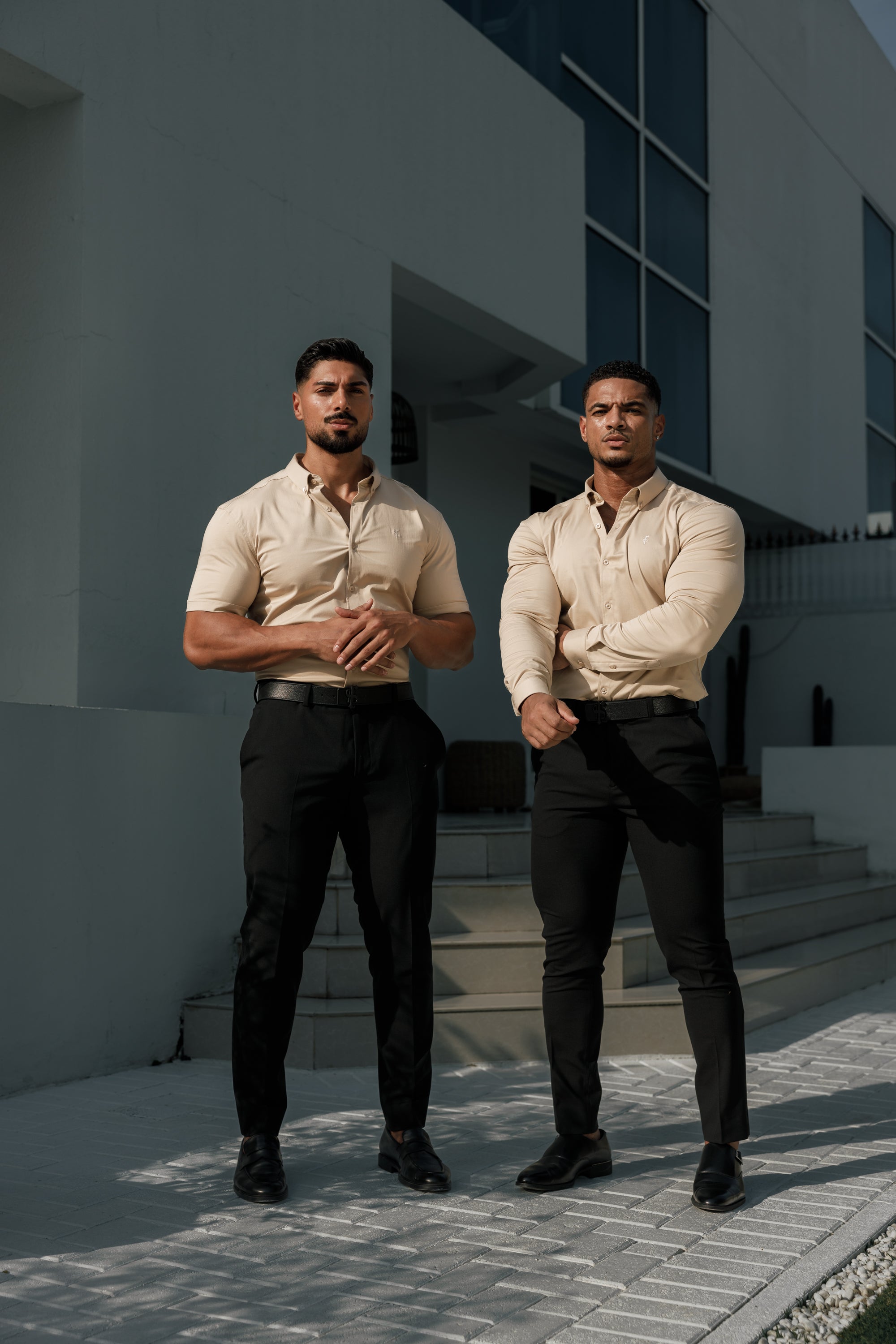 Super Slim Stretch Plain Beige Long Sleeve With Button Down Collar - FS983