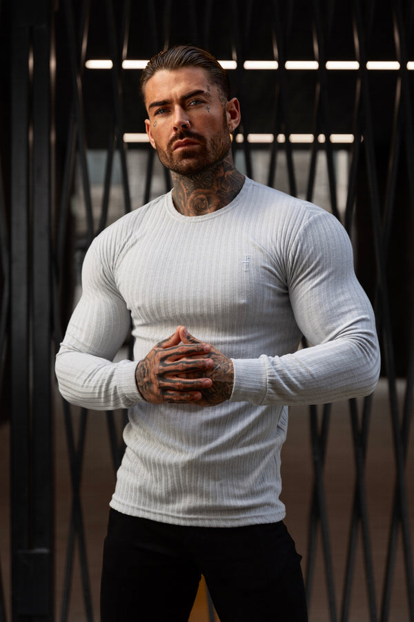 Father Sons Classic Light Grey Ribbed Knit Sweater With Tonal Embroidery - FSH948