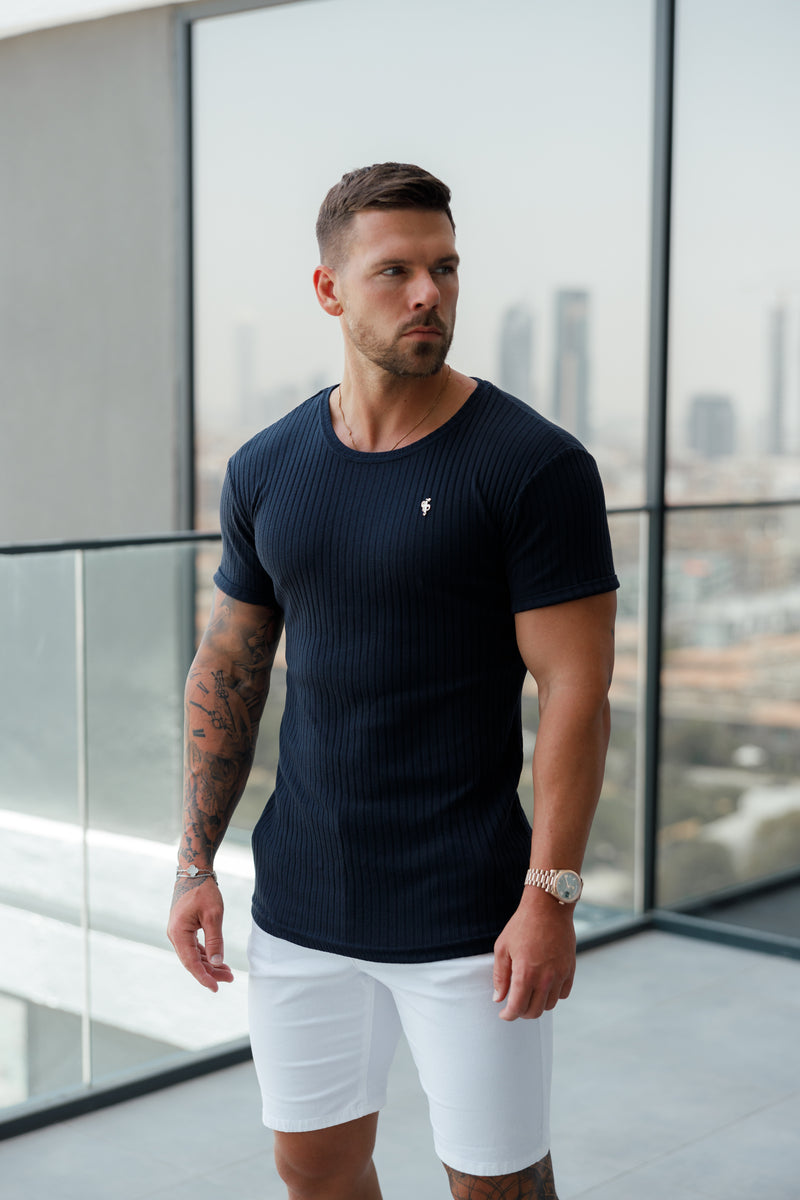 Father Sons Classic Navy / Gold Ribbed Knit Super Slim Short Sleeve Crew - FSH1083