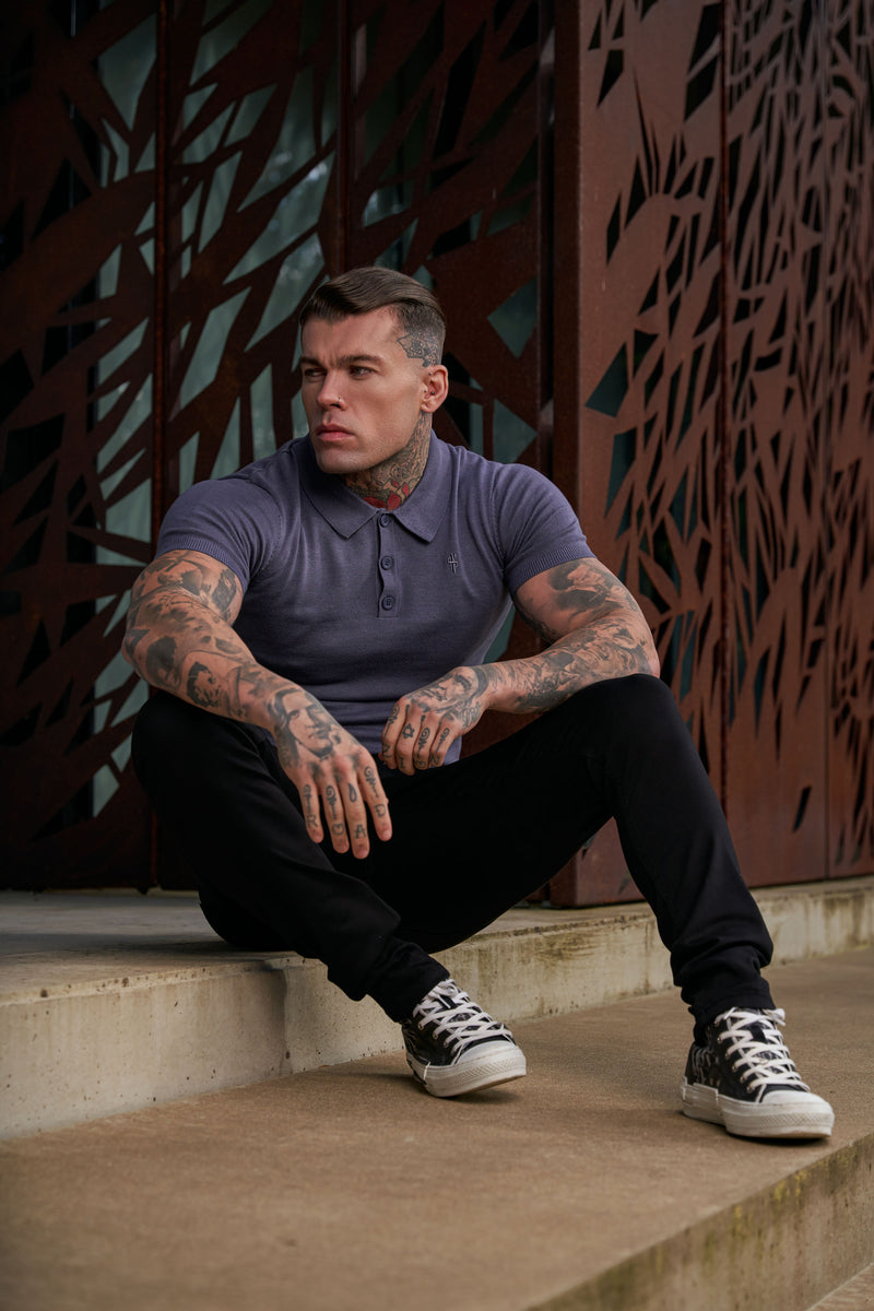 Father Sons Classic Gunmetal Knitted Polo Sweater Short Sleeve With Tonal FS Embroidery- FSN145