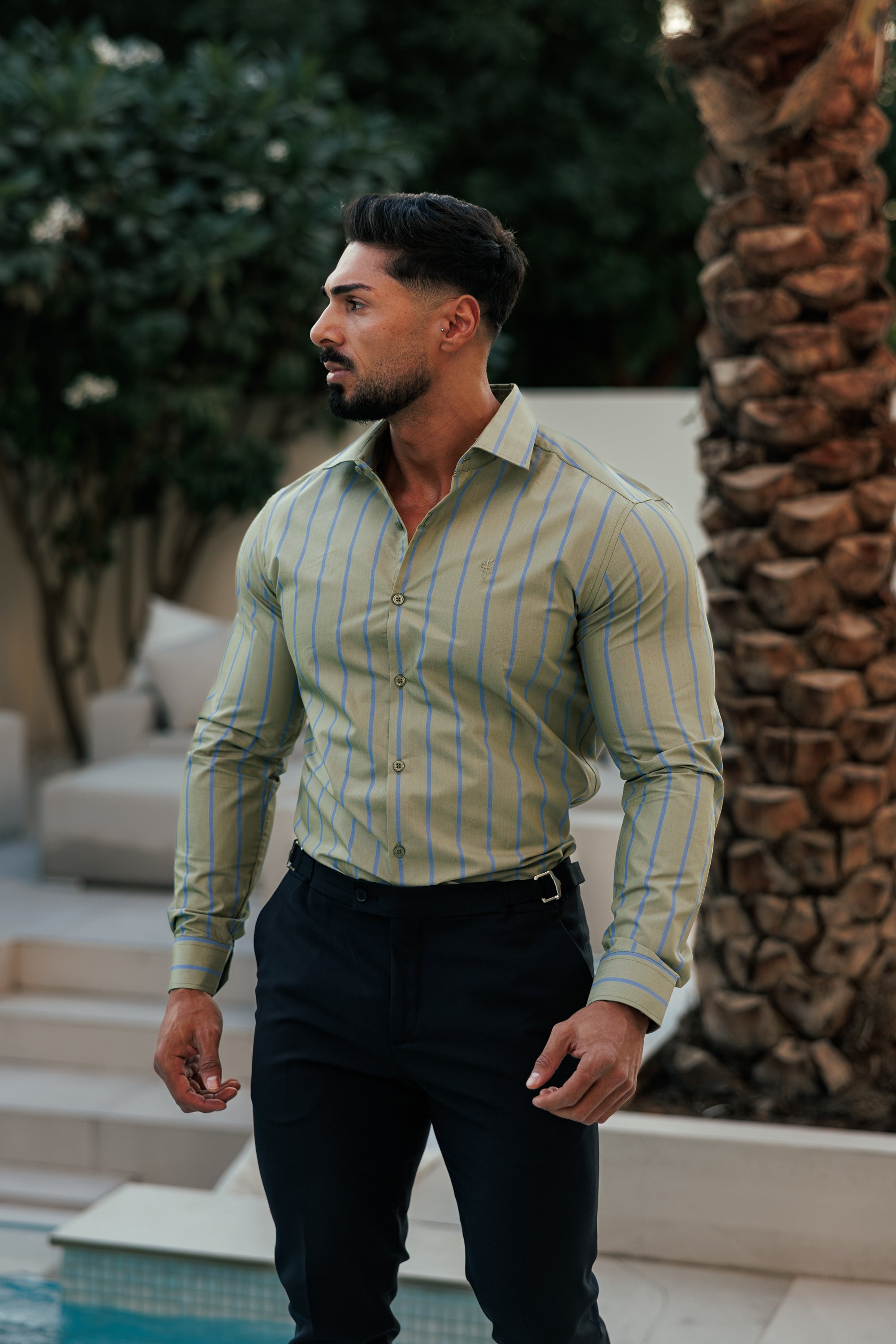 Classic Green / Blue Stripe Long Sleeve with Cutaway Collar - FS1179