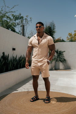 Father Sons Stretch Beige / Gold Pique Revere Shirt Short Sleeve - FSH1075