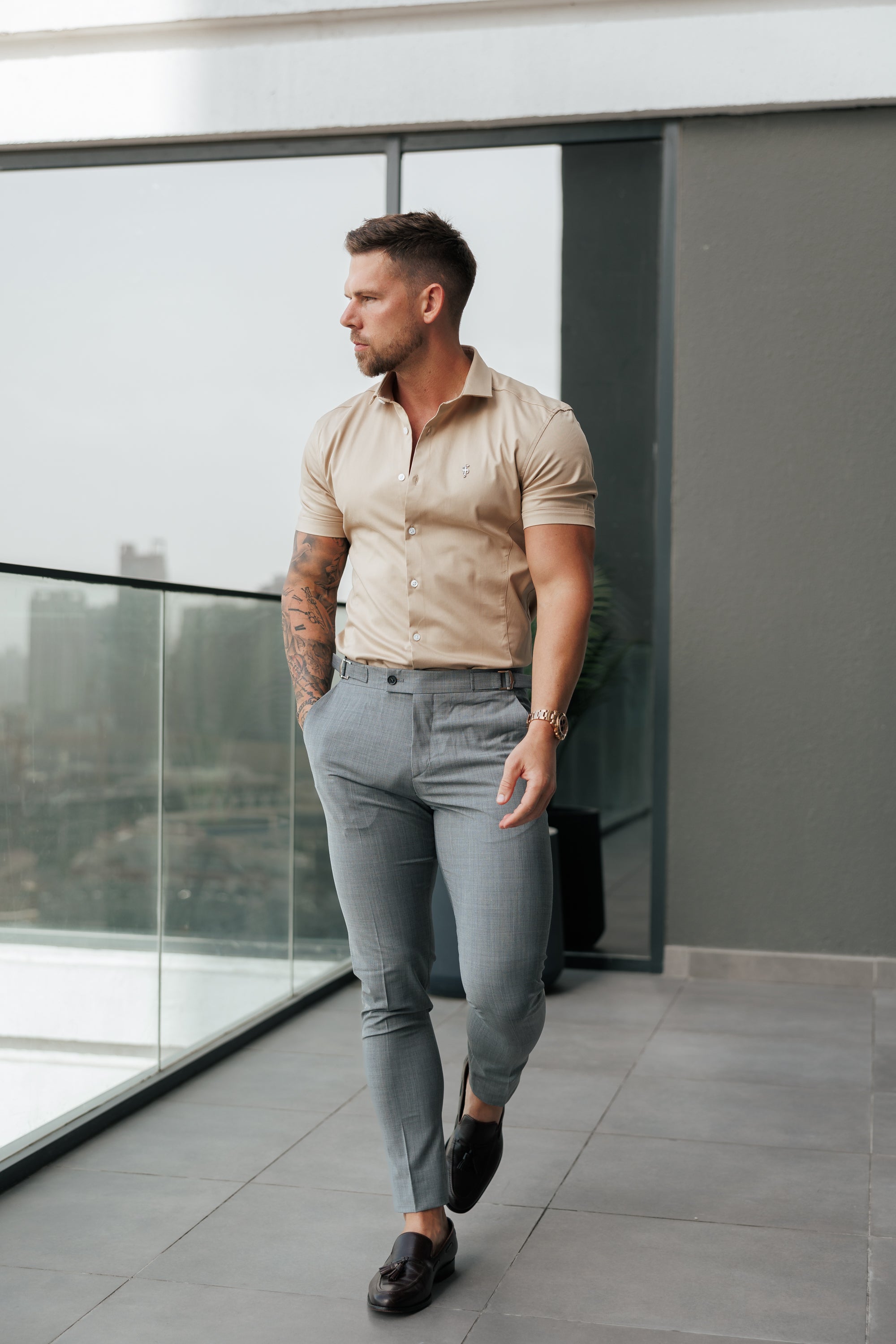 Super Slim Stretch Vintage Beige Side Panel Shirt SS - FS1138