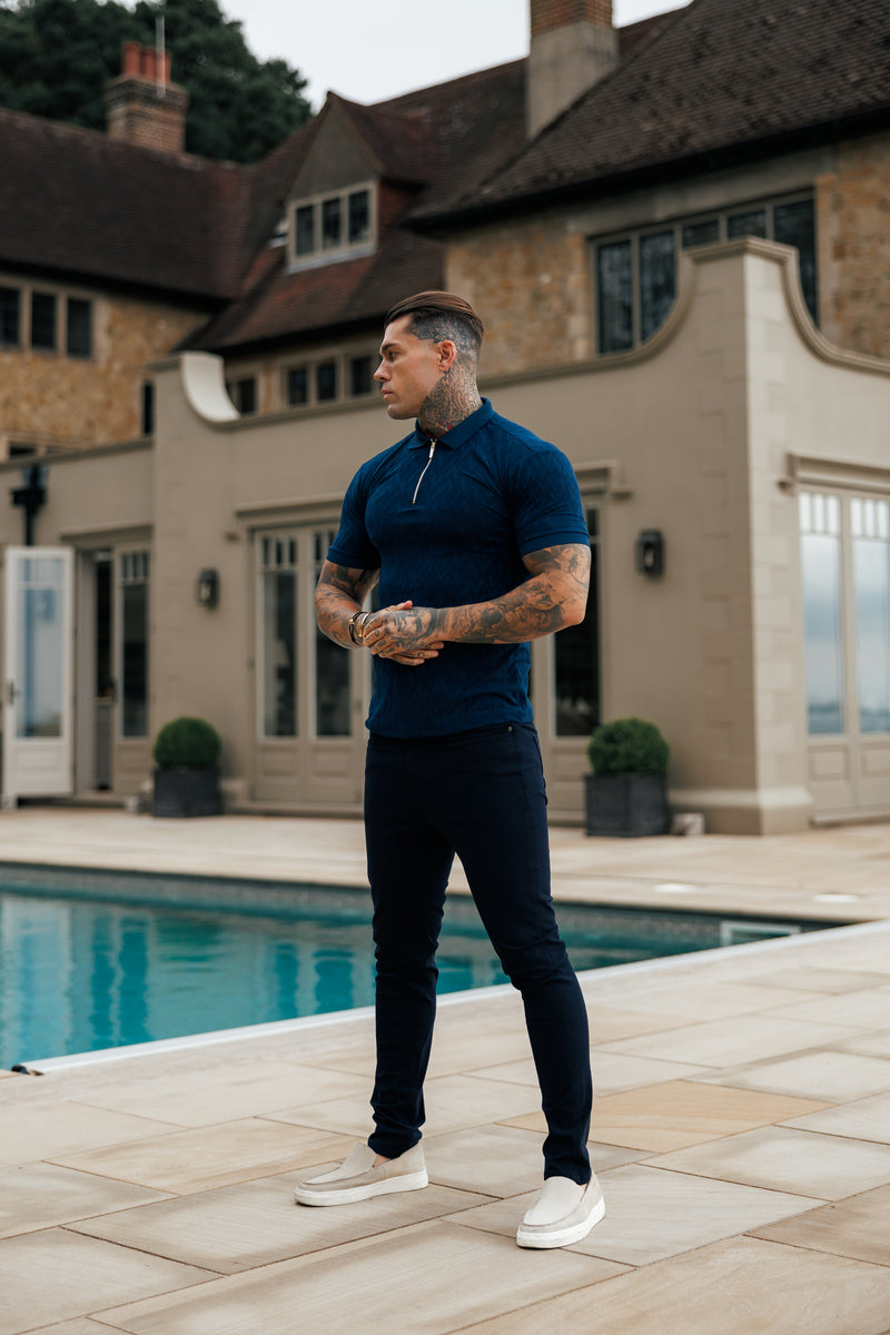 Father Sons Classic Jacquard Navy Chevron Zipped Polo - FSR021