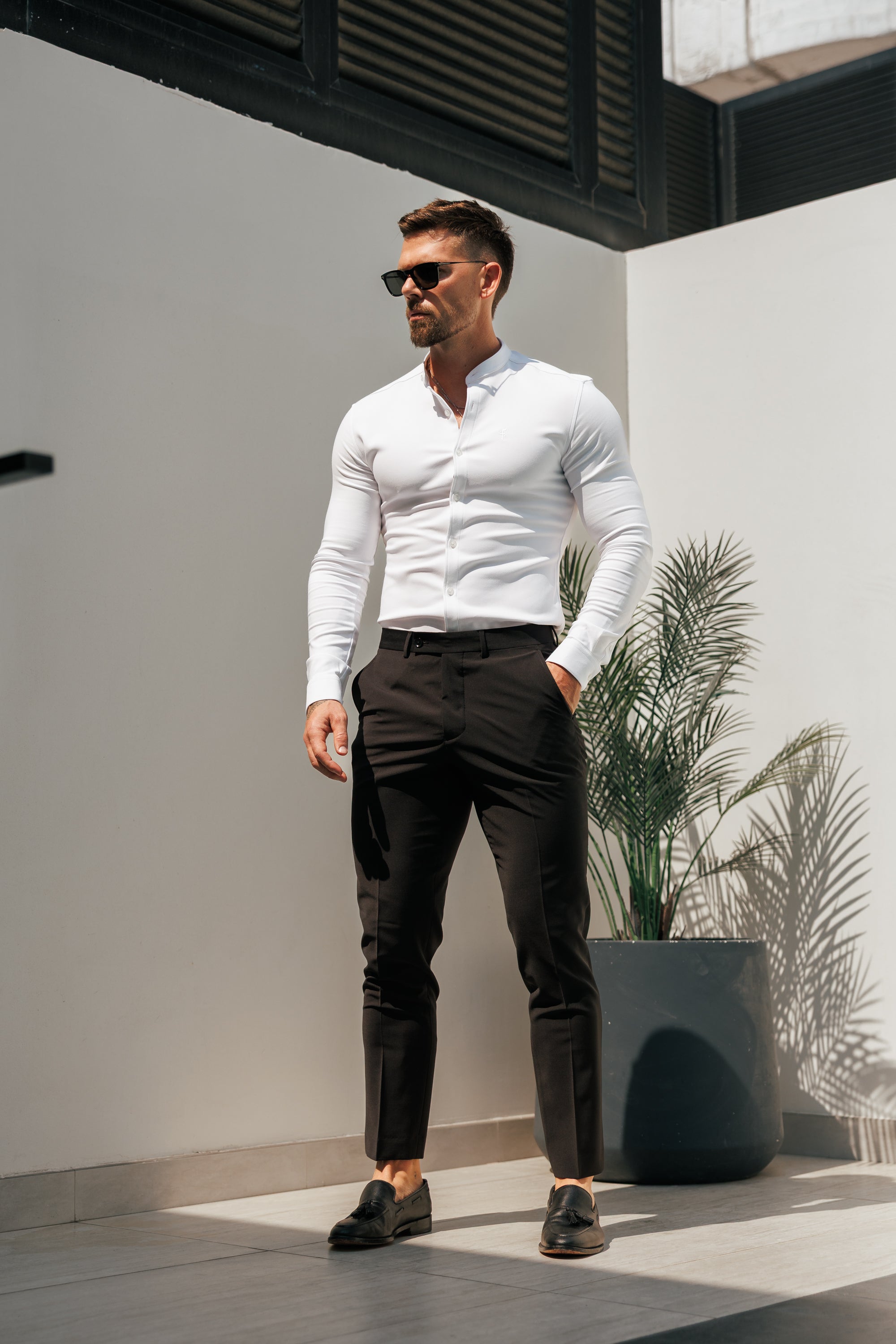 Super Slim Scuba White Long Sleeve Stretch with Grandad Collar - FS1170