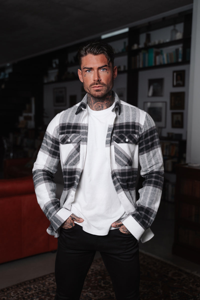 Father Sons Heavy Brushed Off White / Grey Check Shacket With Double Pockets - FS1034 (PRE ORDER 29TH NOVEMBER)