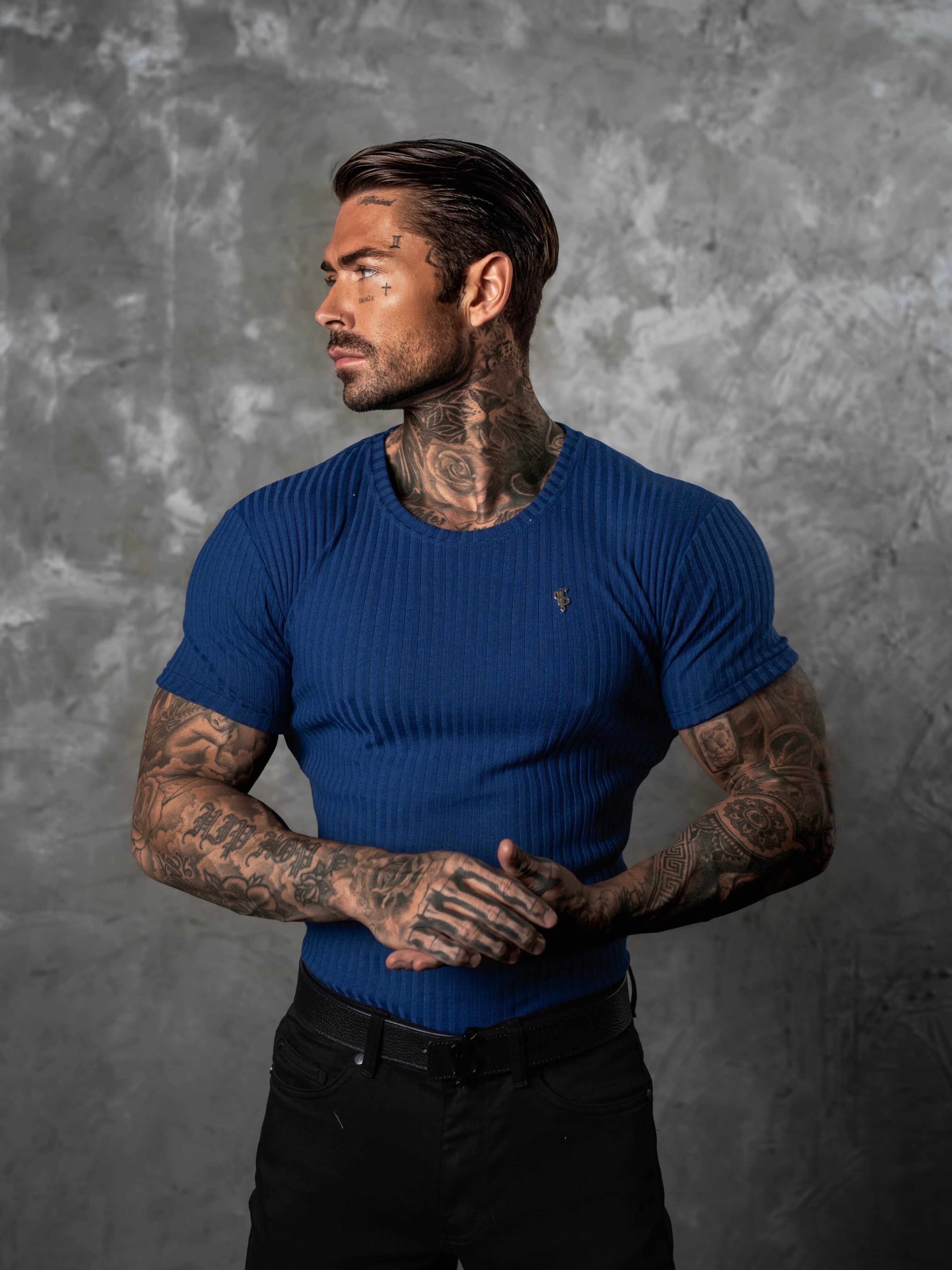 New Navy / Gold Ribbed Knit Super Slim Short Sleeve Crew - FSH1383