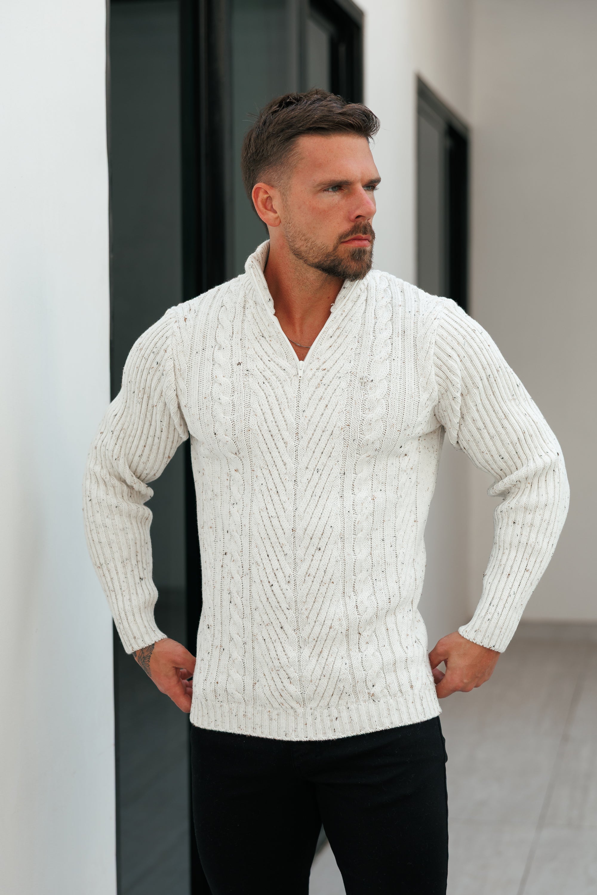 Funnel Neck Jumper with Quarter Zip Beige Fleck - FSJ156