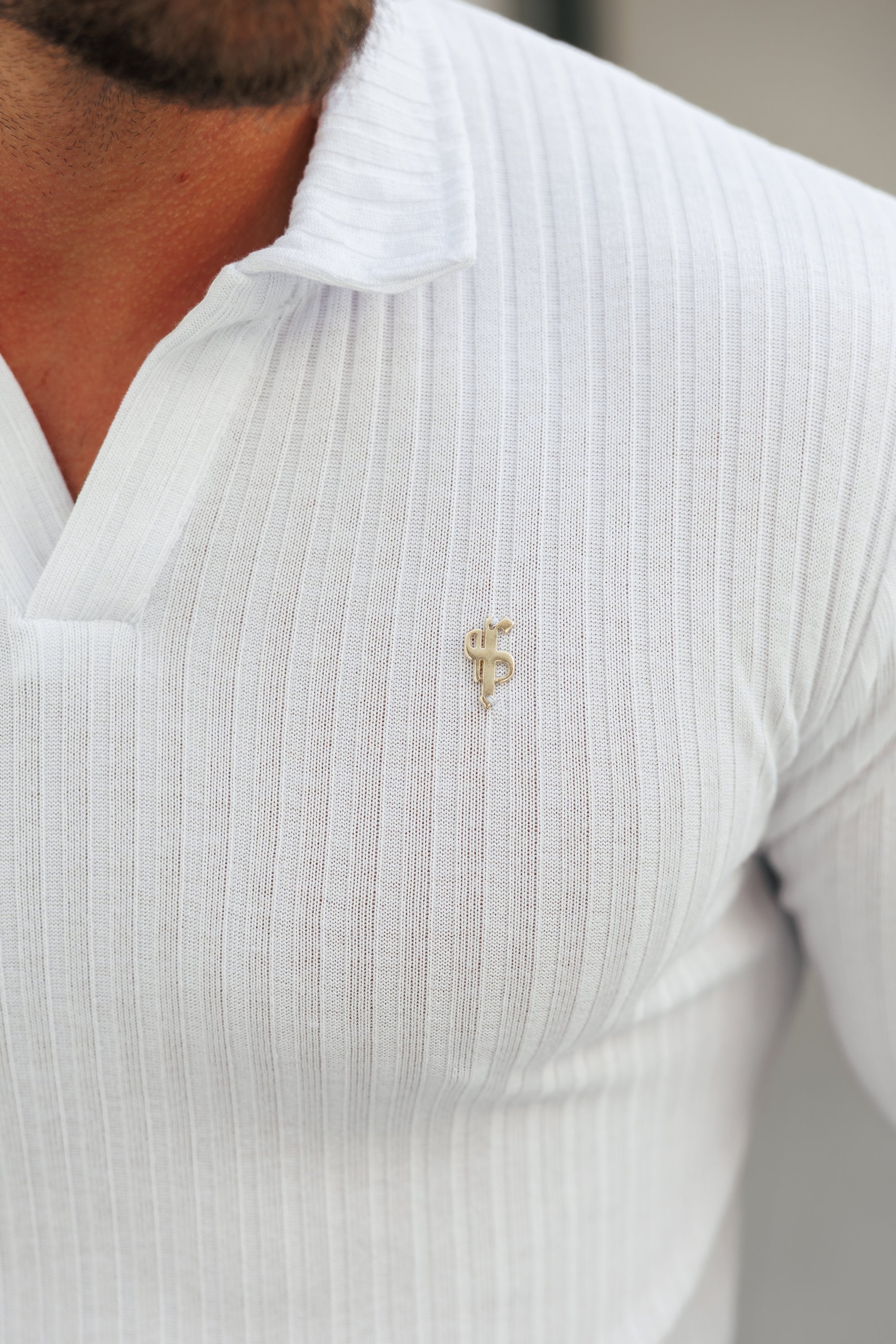 White / Gold Ribbed Revere Polo Shirt Long Sleeve - FSH1431