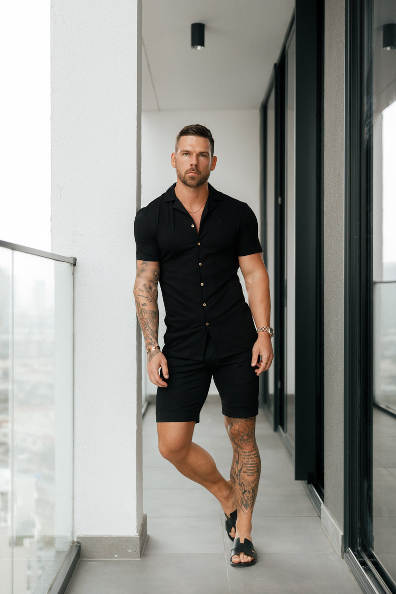 Father Sons Stretch Black / Gold Pique Revere Shirt Short Sleeve - FSH1068  (PRE ORDER 24TH MAY)